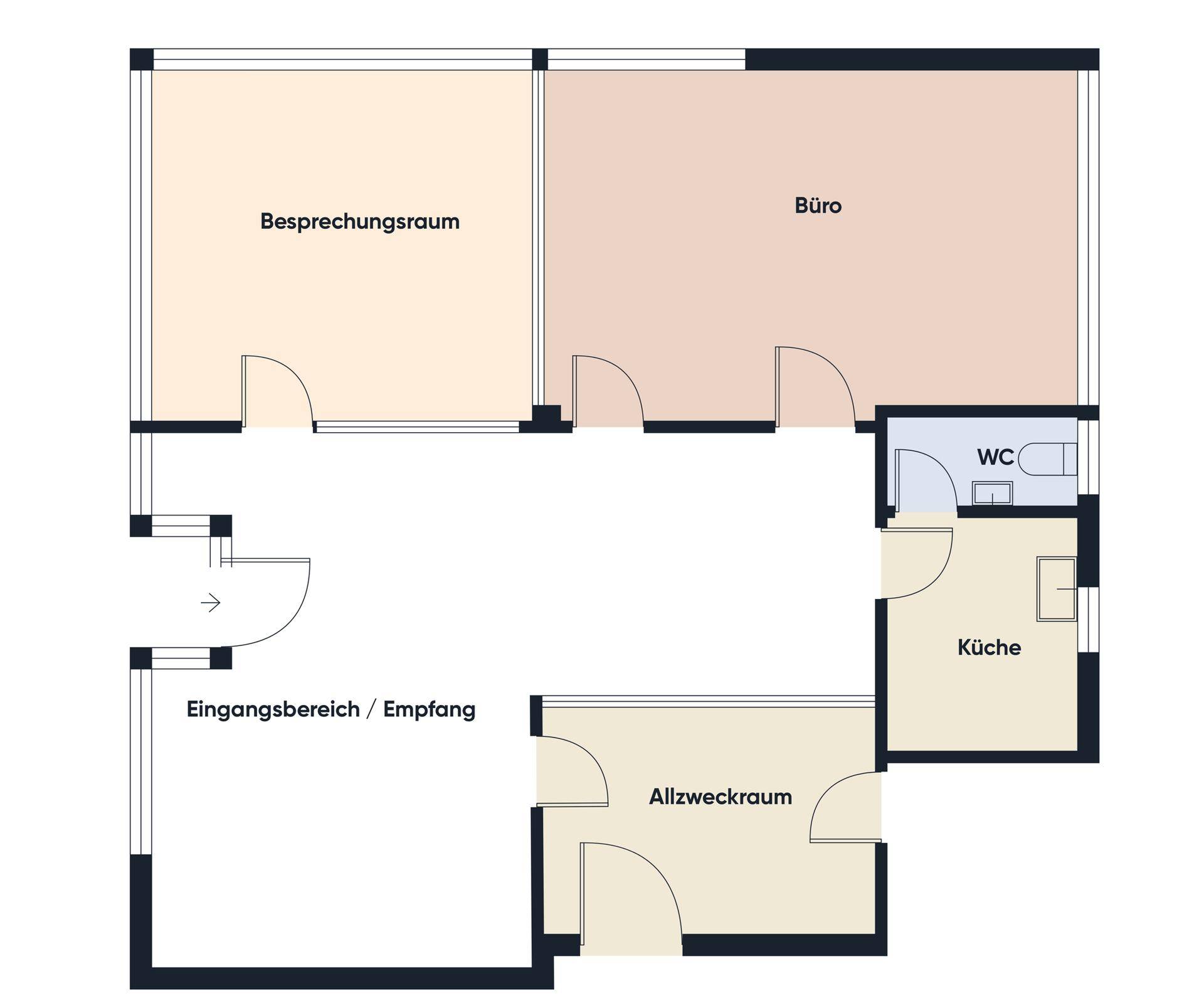 Grundriss des Erdgeschosses mit Empfang, Büro, Besprechungsraum und Küche.