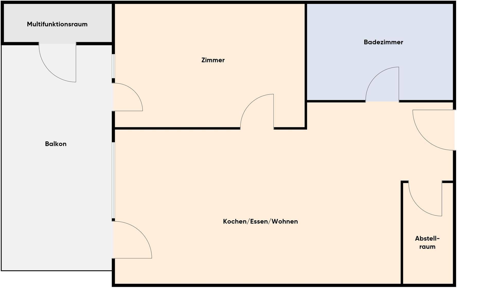 Grundriss einer Wohnung mit offenem Wohnbereich, Schlafzimmer, Badezimmer und Balkon.