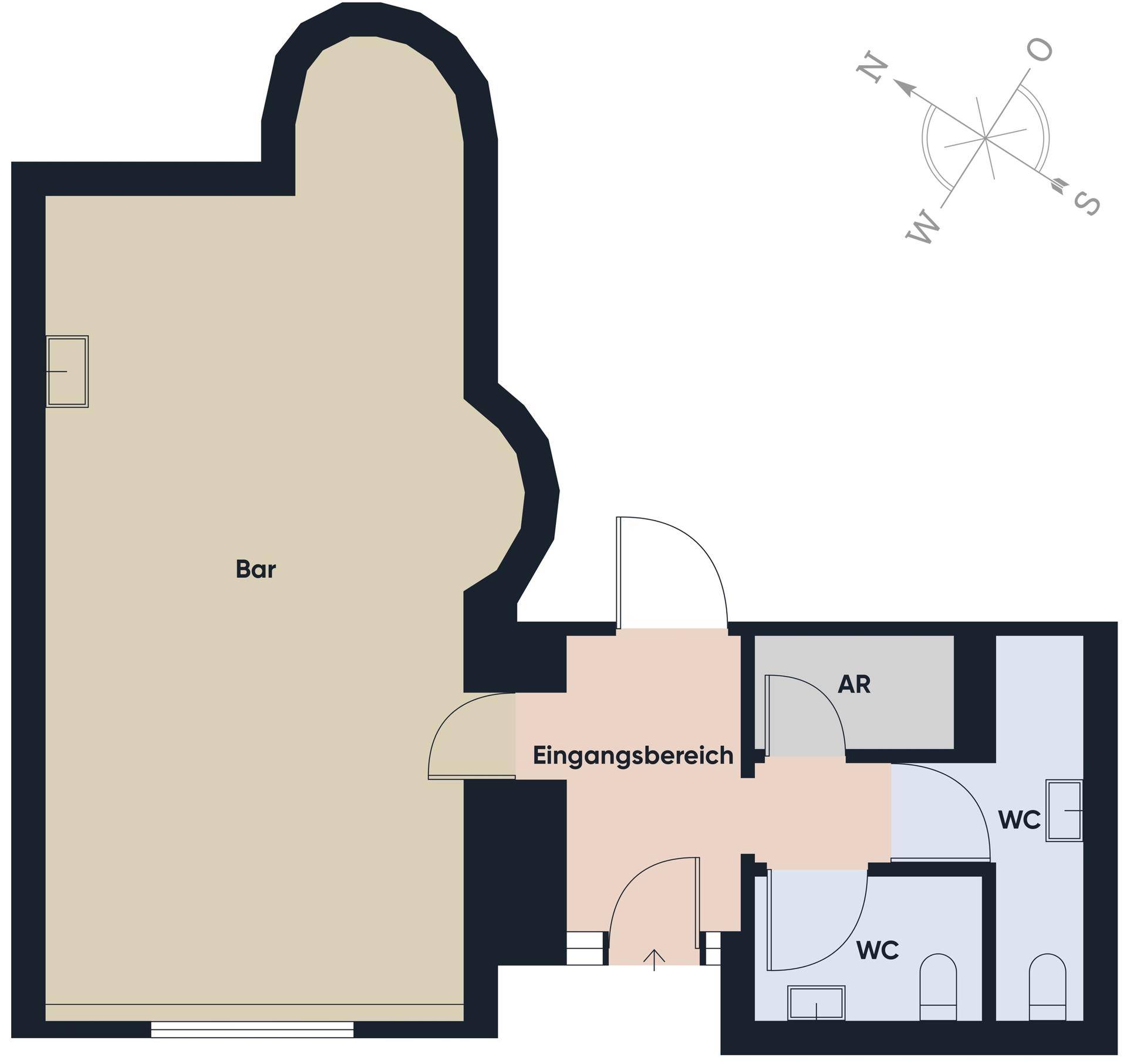 Grundriss des Barbereichs mit Eingang und zwei Toilettenräumen.