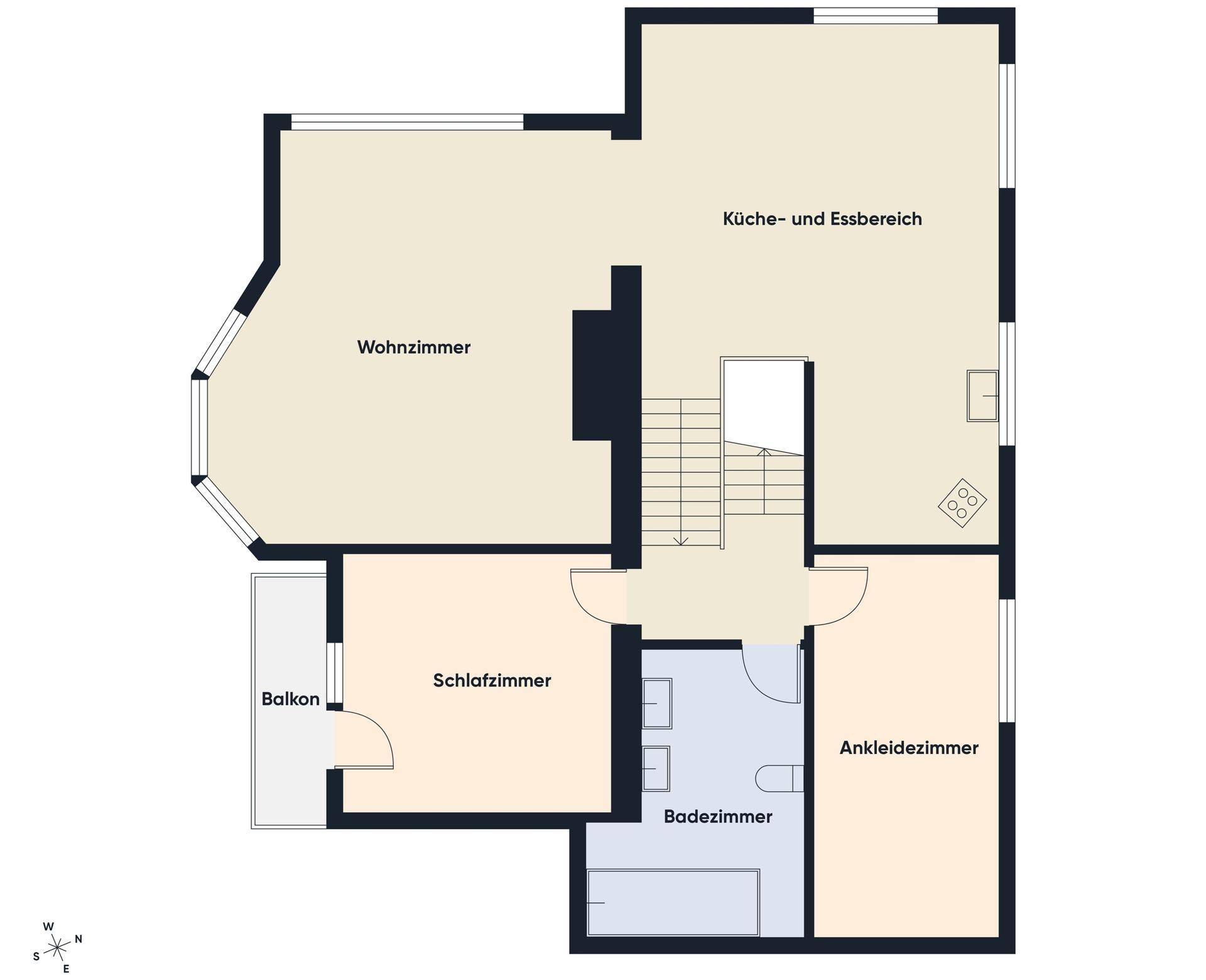Grundriss des Erdgeschosses mit Wohnzimmer, Küche, Essbereich und Schlafzimmer.