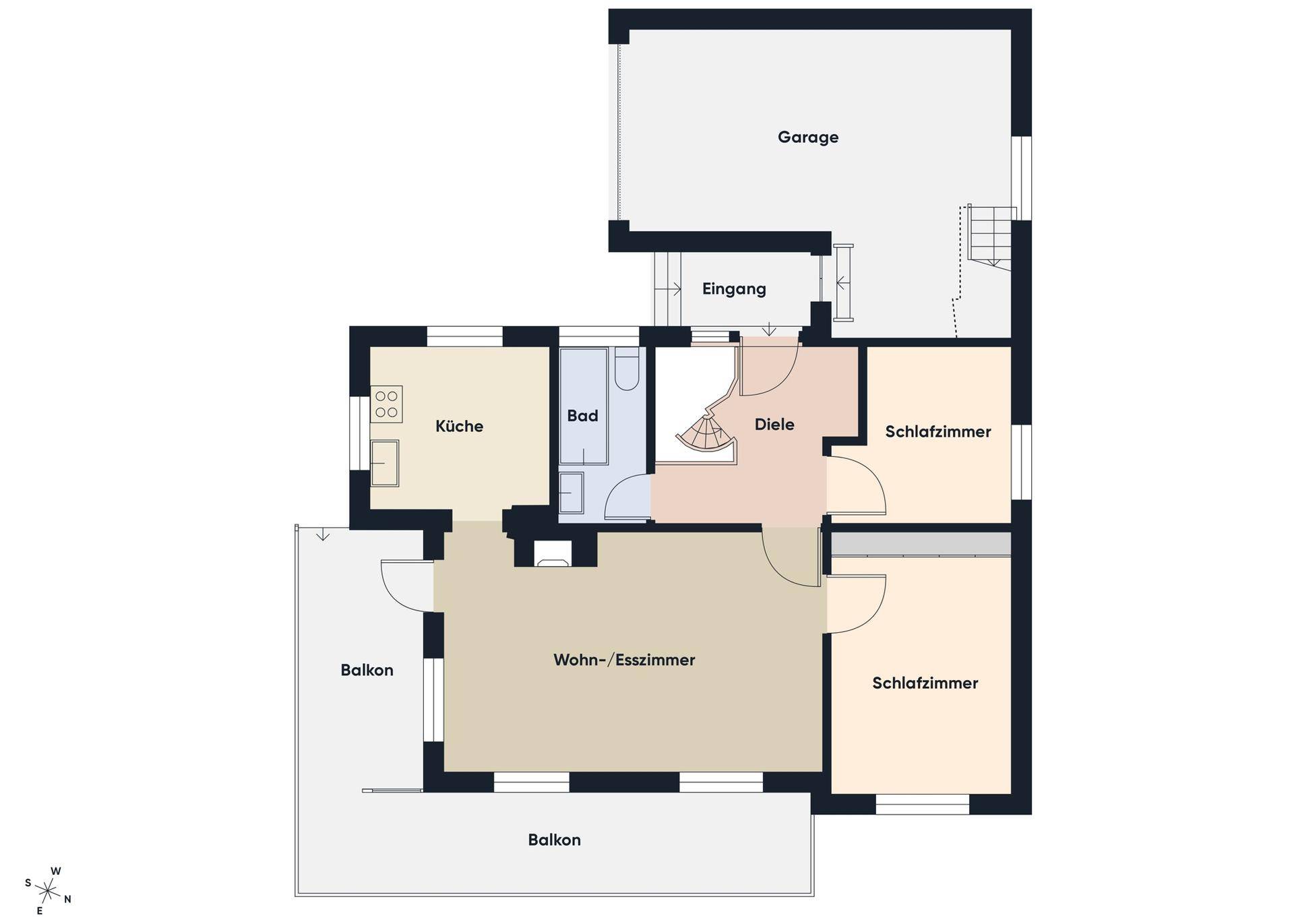 Grundriss des Erdgeschosses mit Wohn-/Esszimmer, Küche, zwei Schlafzimmern und Balkon.