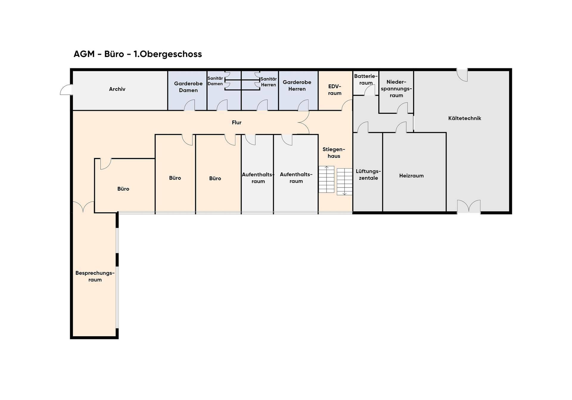 Grundriss des ersten Obergeschosses mit Büroräumen, Sanitäranlagen, Archiv und Technikräumen, gut strukturiert.