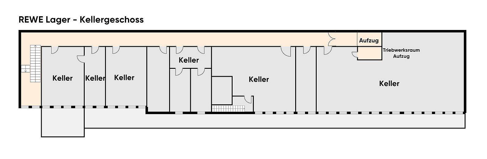 Grundriss des Kellergeschosses eines Lagers mit mehreren Kellerräumen und einem Aufzug, ideal für zusätzliche Lagerung.