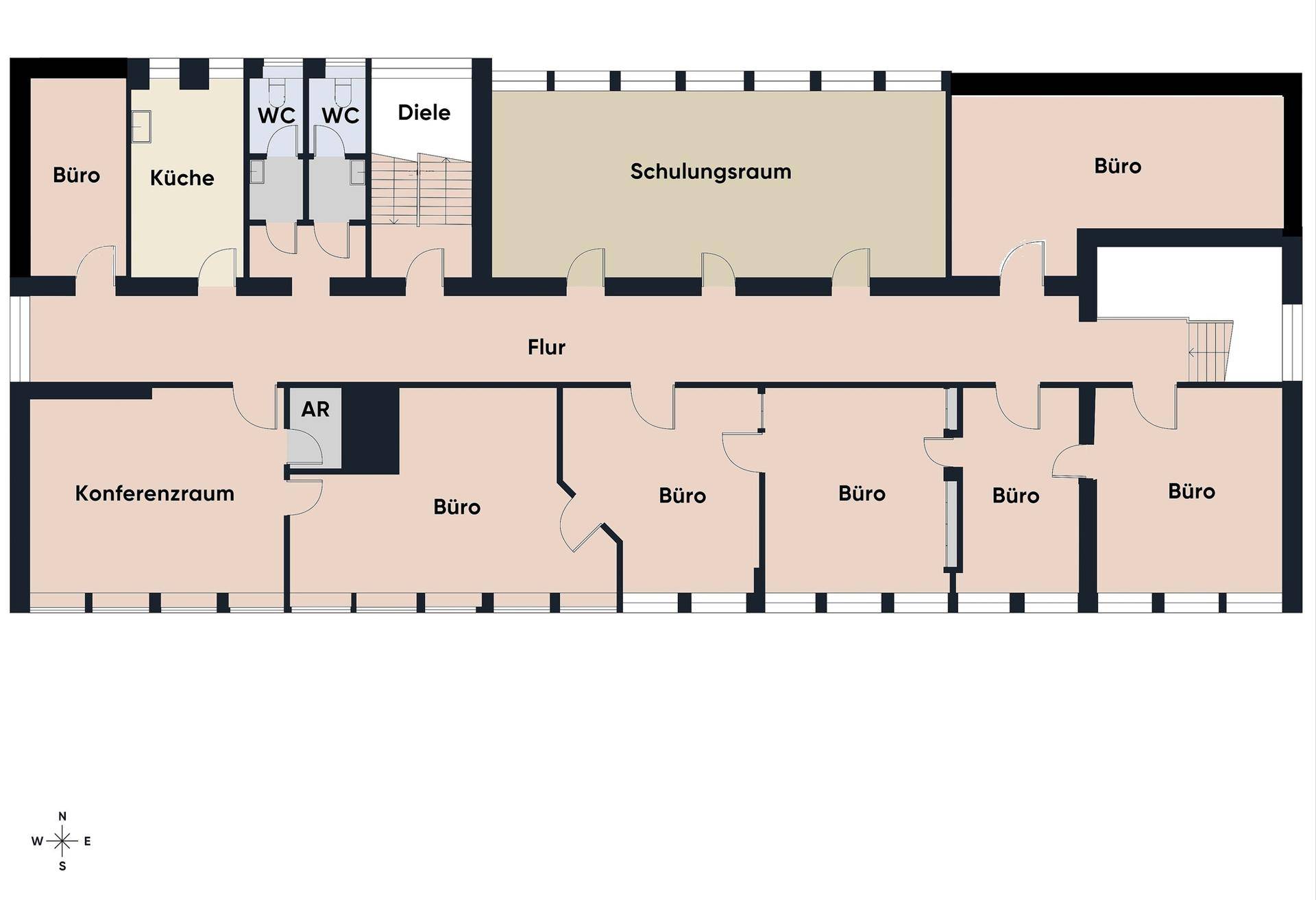 Grundriss einer Büroetage mit Konferenzraum, Schulungsraum, Küche und mehreren Büros, ideal für Geschäftszwecke.