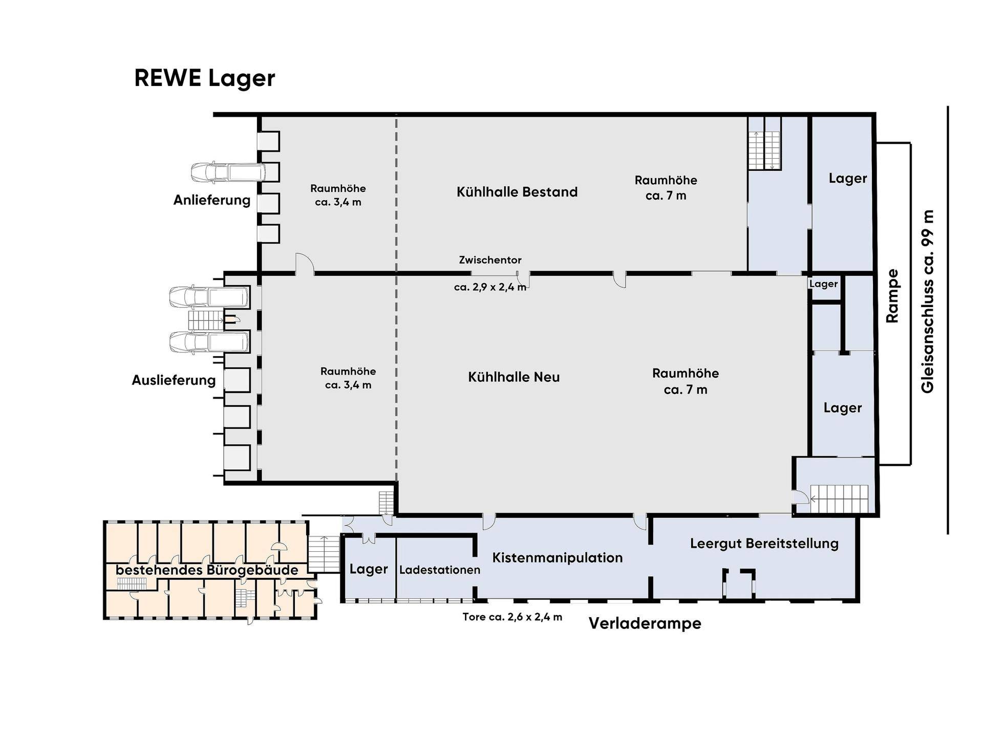 Grundriss des Erdgeschosses eines Logistikzentrums mit Kühlhallen, Laderampen, Lagerbereichen und Büros.