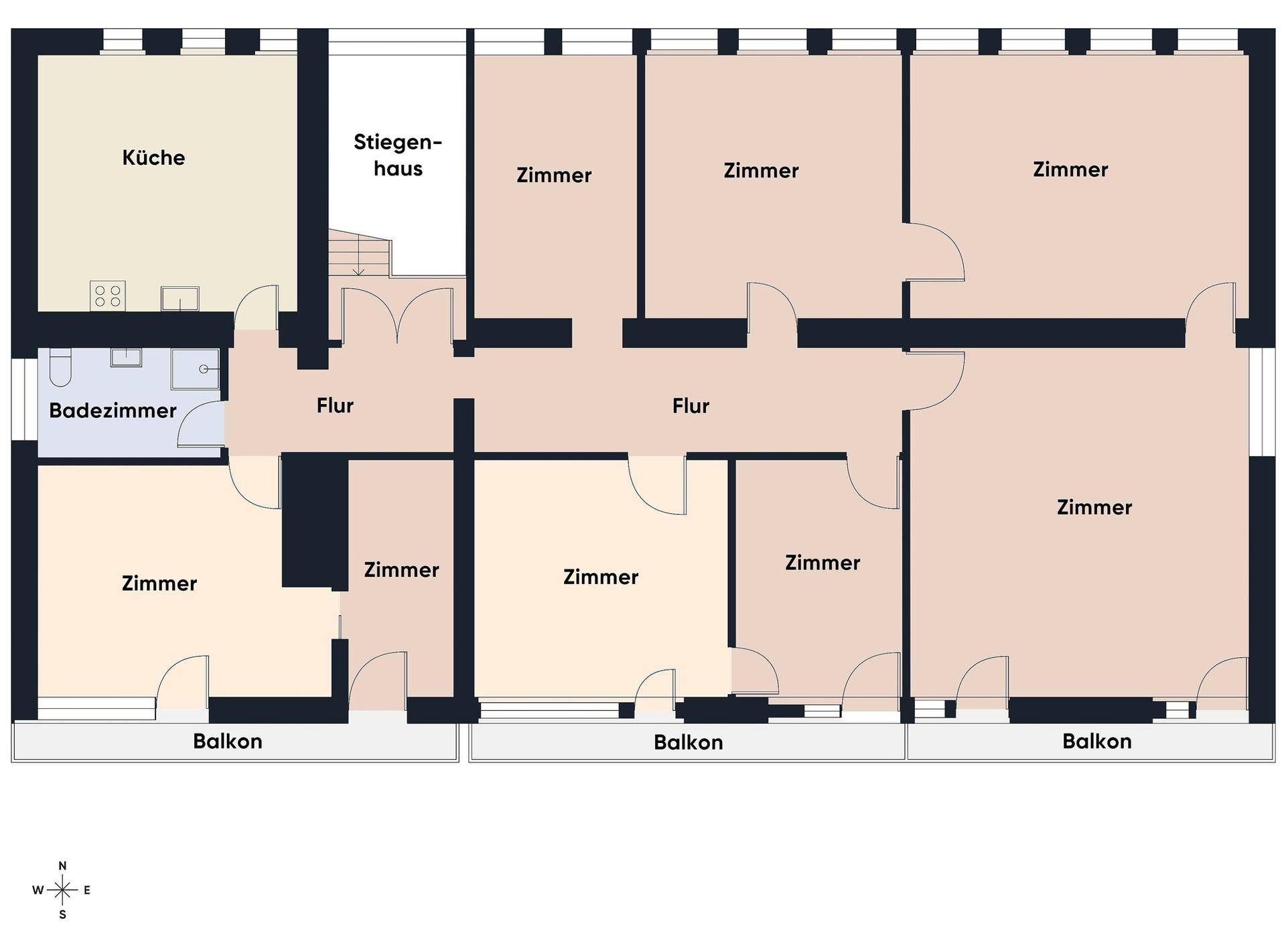Grundriss einer Wohnetage mit mehreren Zimmern, Küche, Badezimmer und Balkonen, gut aufgeteilt für Wohnzwecke.