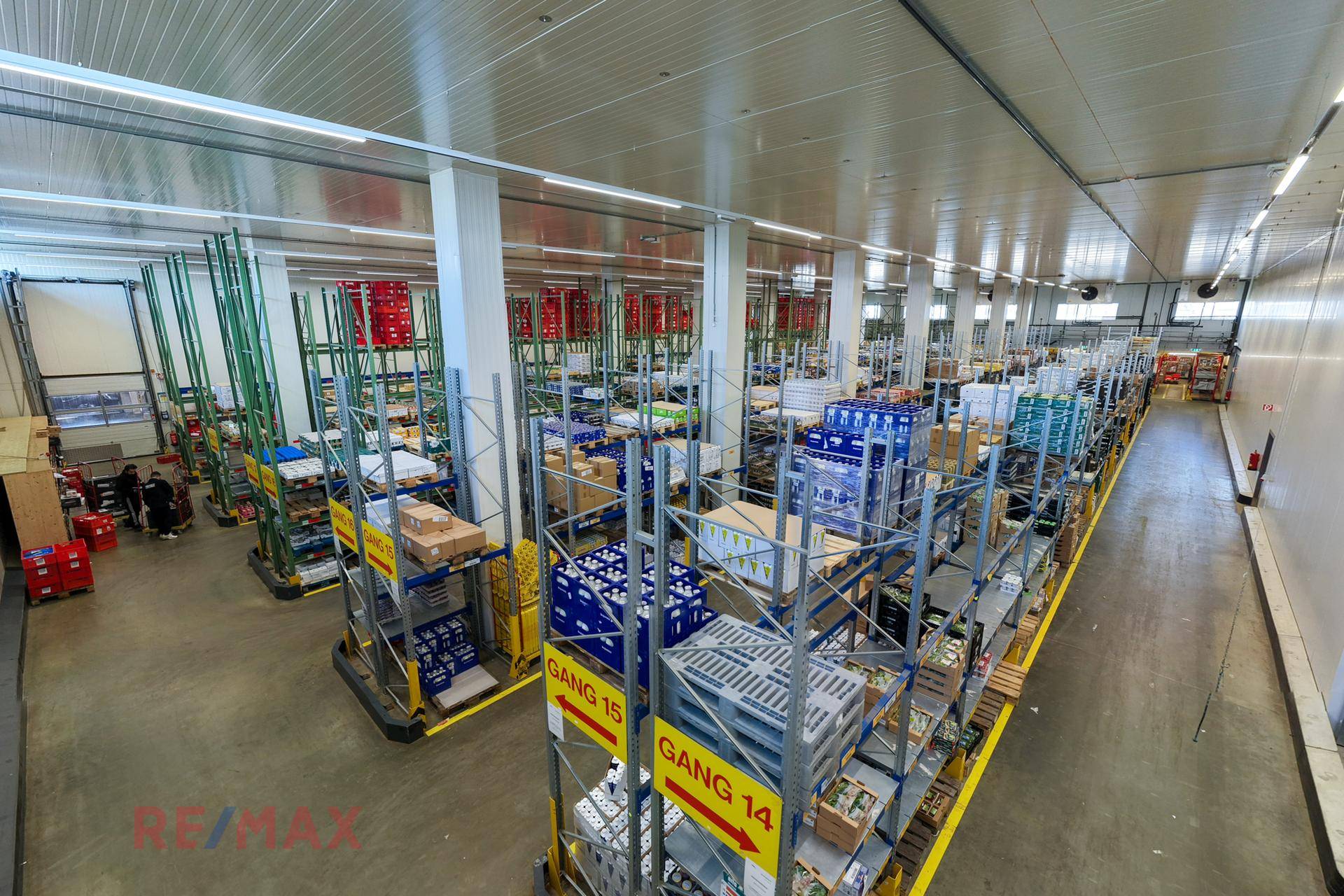 Großes Lager mit hohen Regalen, gefüllt mit Waren und Paletten, gut beleuchtet und organisiert für Logistik.