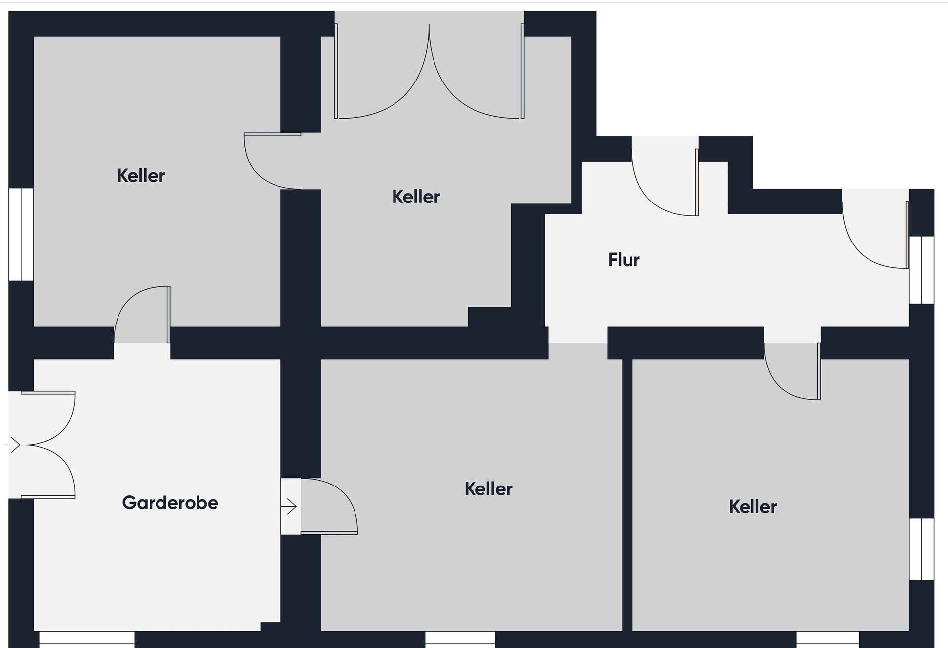 Grundriss des Kellergeschosses mit mehreren Kellerräumen und Garderobe.