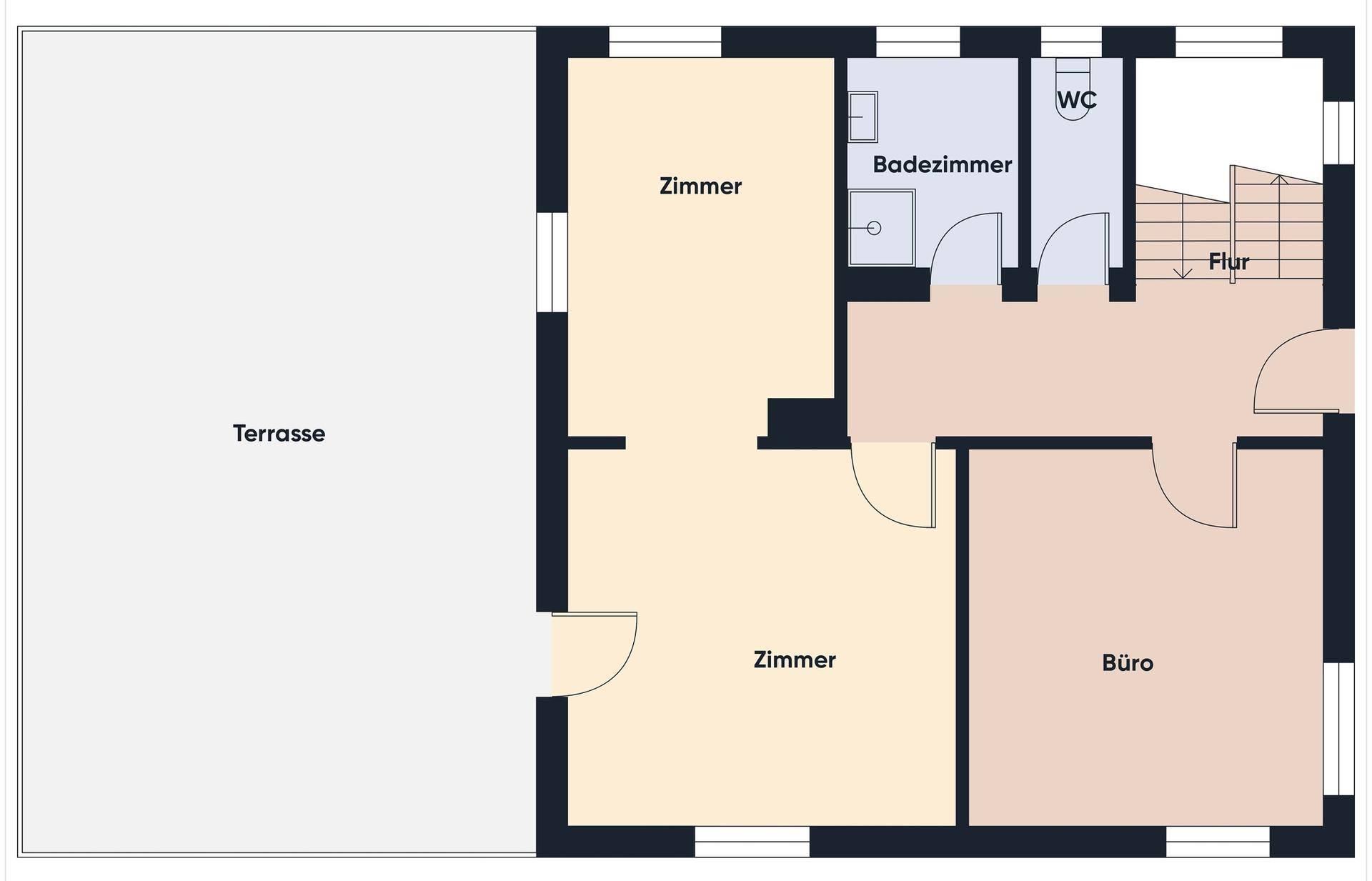 Grundriss des Obergeschosses mit zwei Zimmern, Büro, Bad, WC und großer Terrasse.