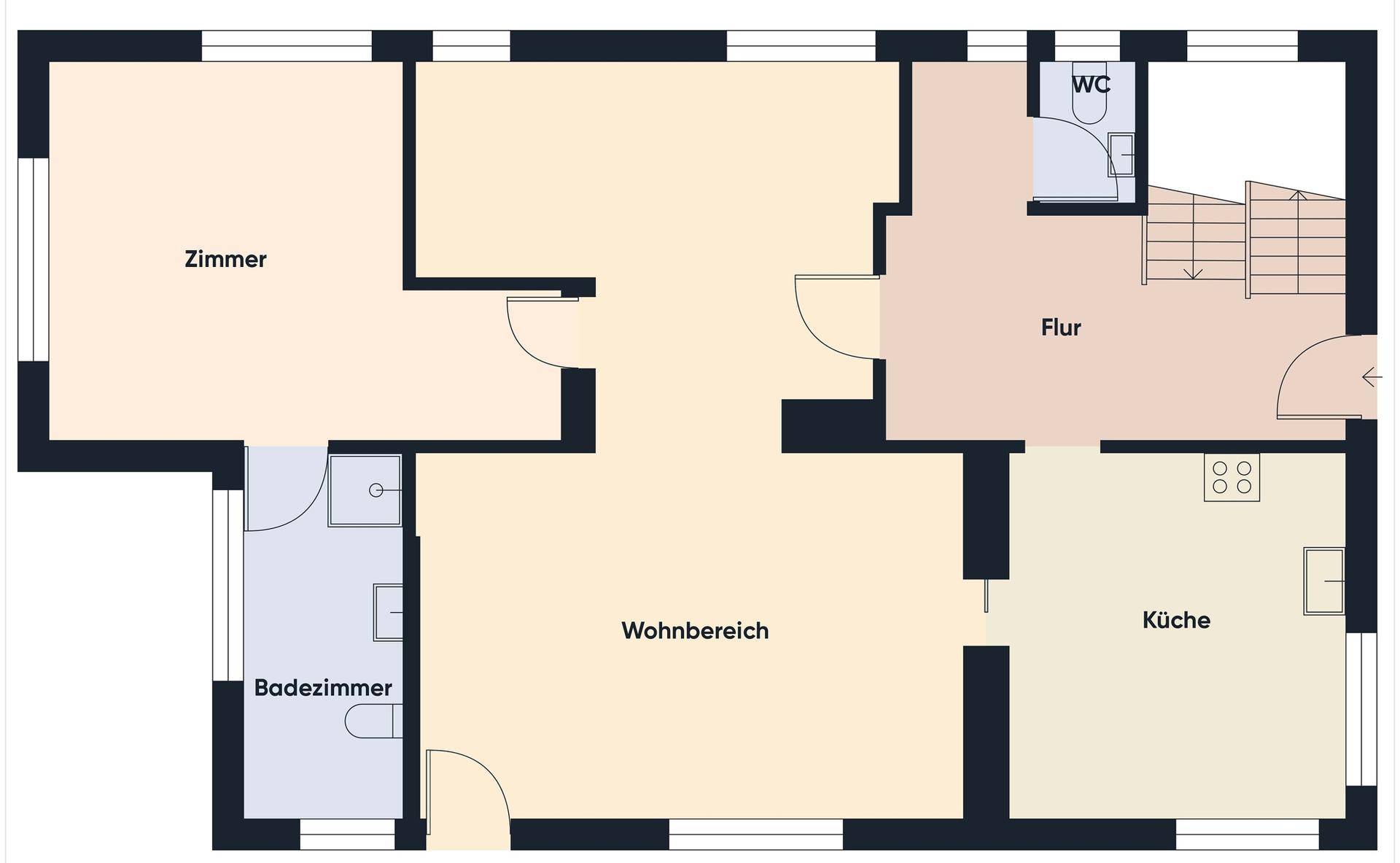 Grundriss des Erdgeschosses mit Wohnbereich, Küche, Bad und WC.