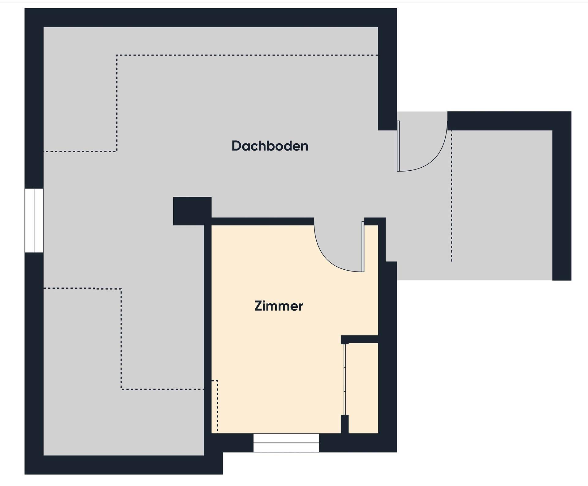 Grundriss des Dachgeschosses mit einem Zimmer und Dachbodenflächen.