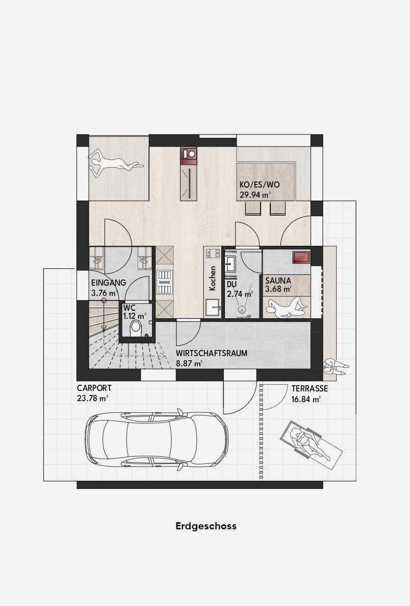 Grundriss des Erdgeschosses mit offenem Wohnbereich, Küche, Sauna und Carport.