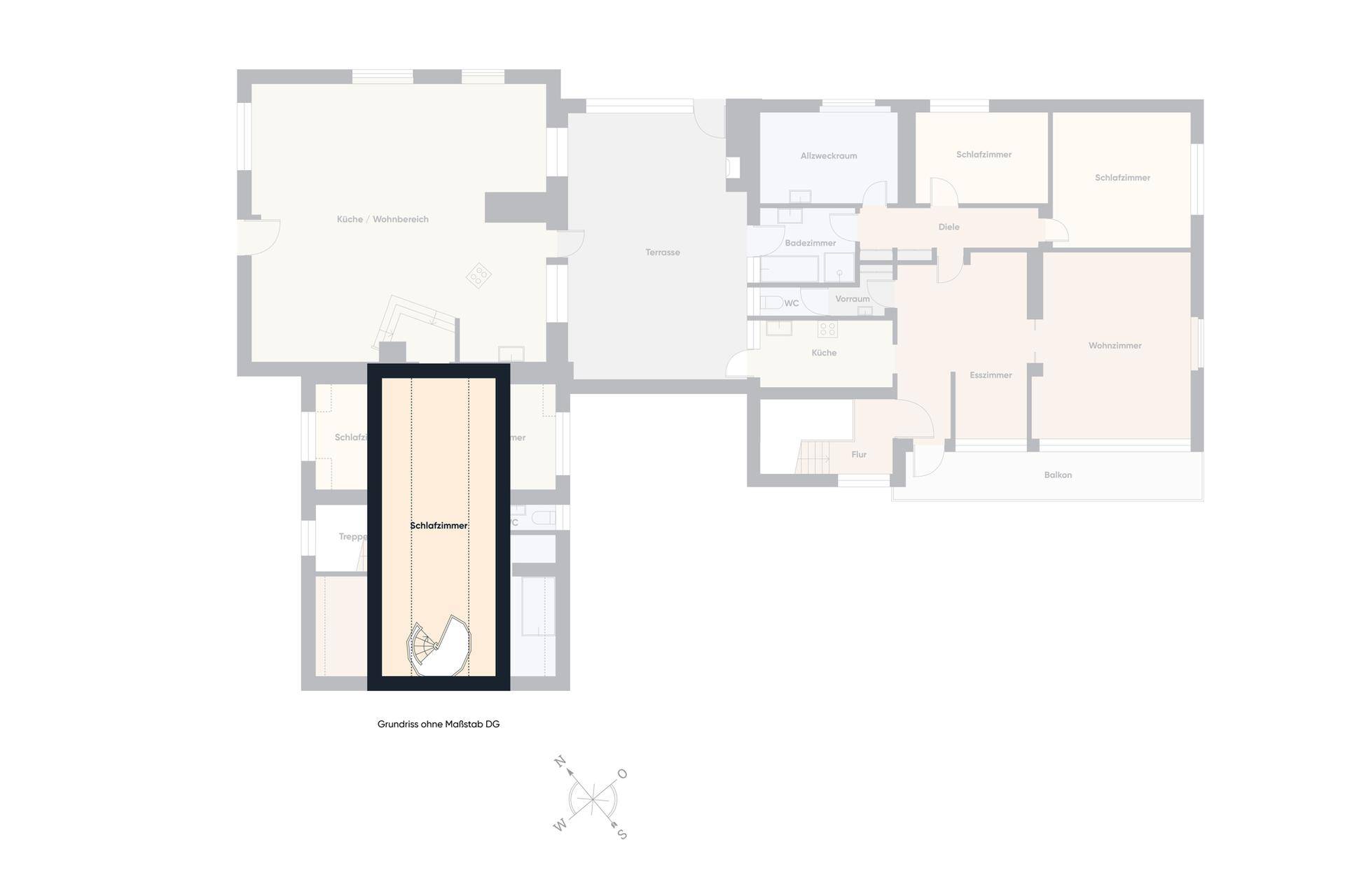 Grundriss des Dachgeschosses mit Schlafzimmer und Wendeltreppe.