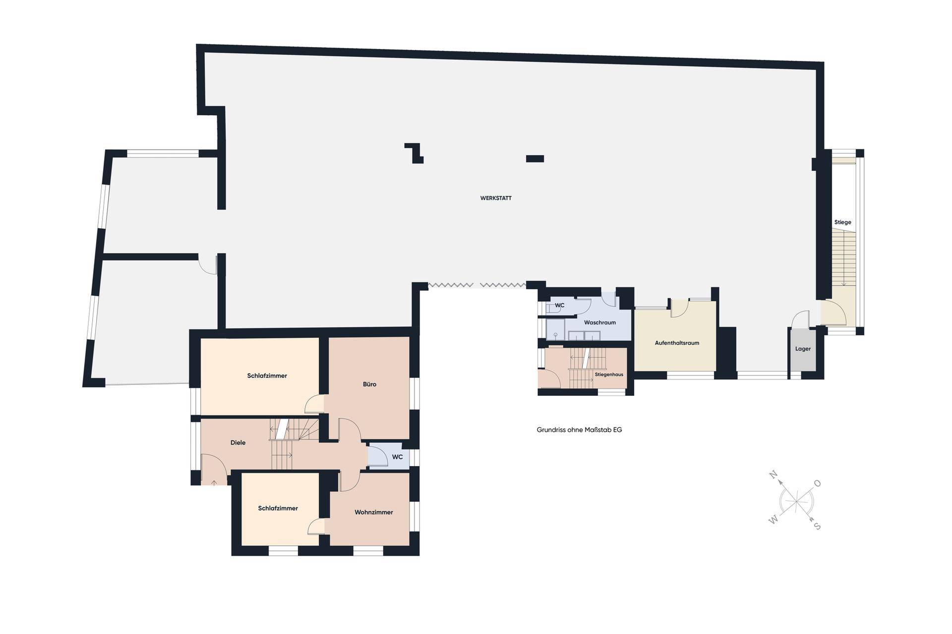 Grundriss des Erdgeschosses mit Werkstatt, Schlafzimmern, Büro und Wohnzimmer.