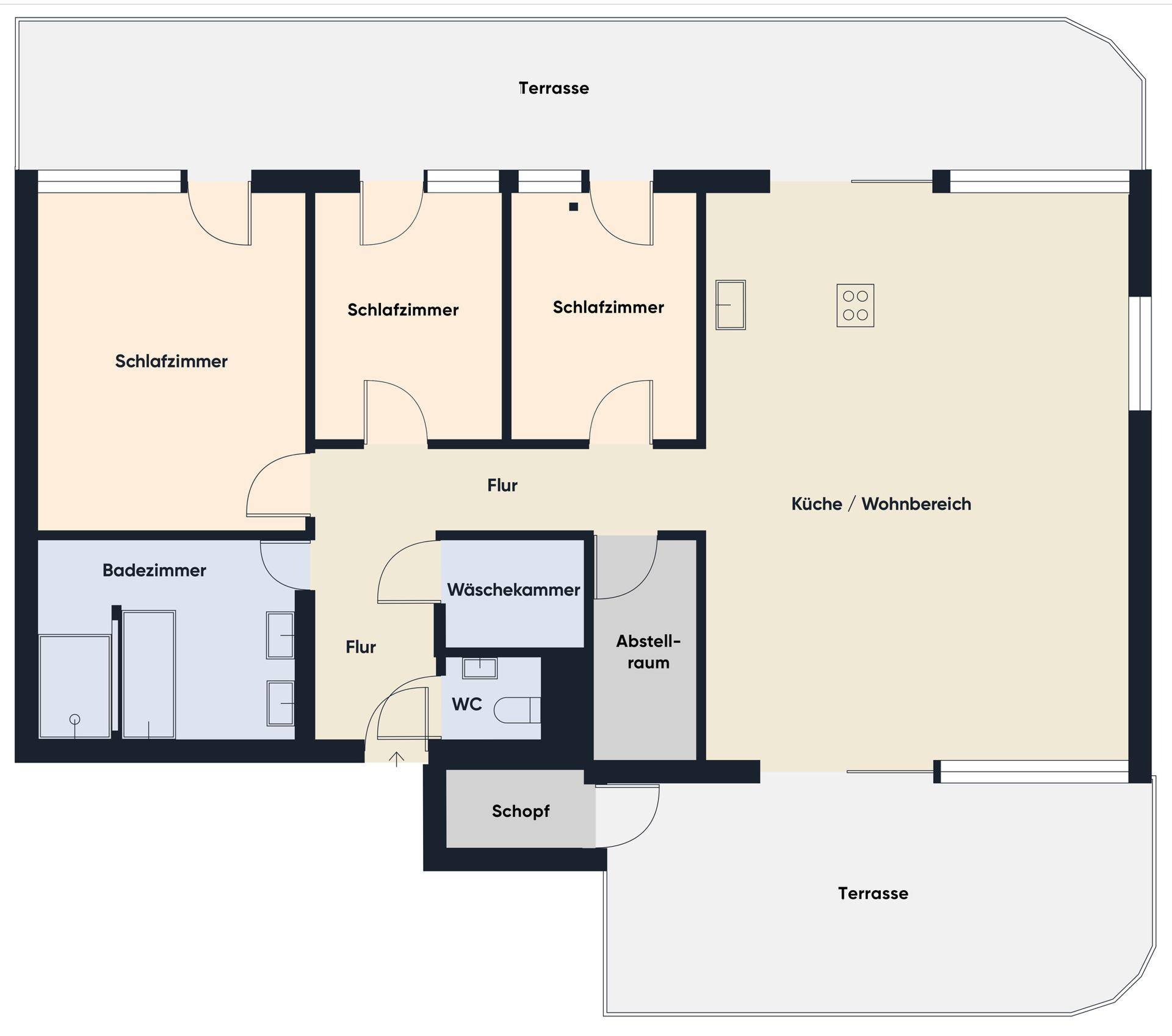 Grundrissplan mit drei Schlafzimmern, Bad, WC, Abstellraum und zwei Terrassen.