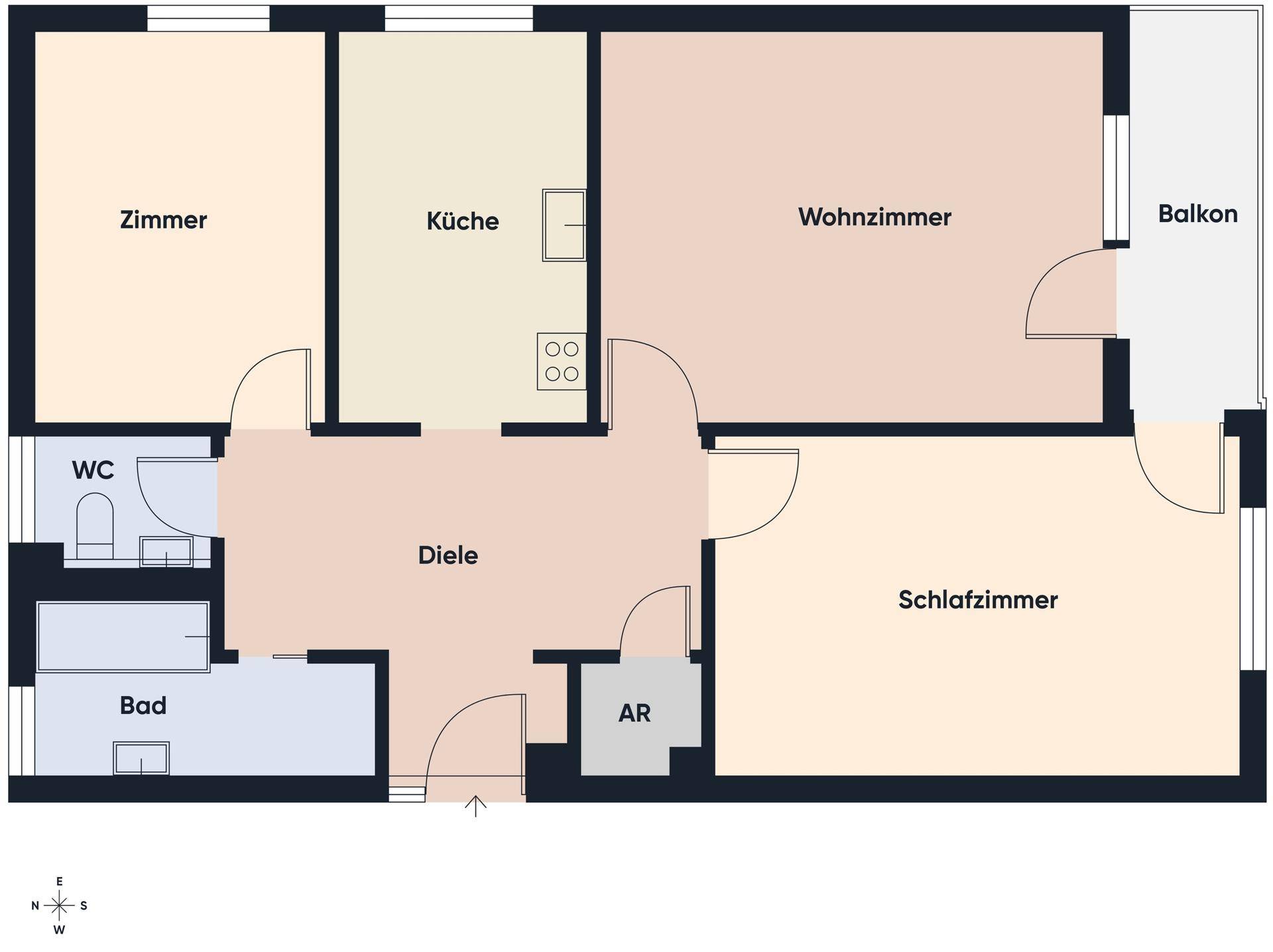 Grundriss einer Wohnung mit Zimmern, Küche, Bad, separatem WC und einem Balkon.
