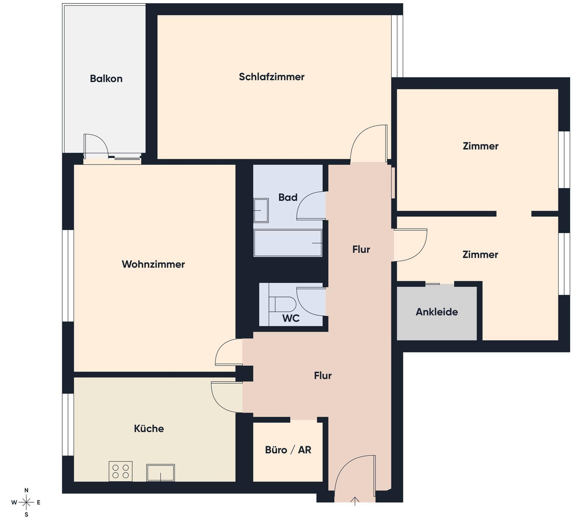 Grundriss der Wohnung mit Schlafzimmer, Wohnzimmer, Küche und Balkon.