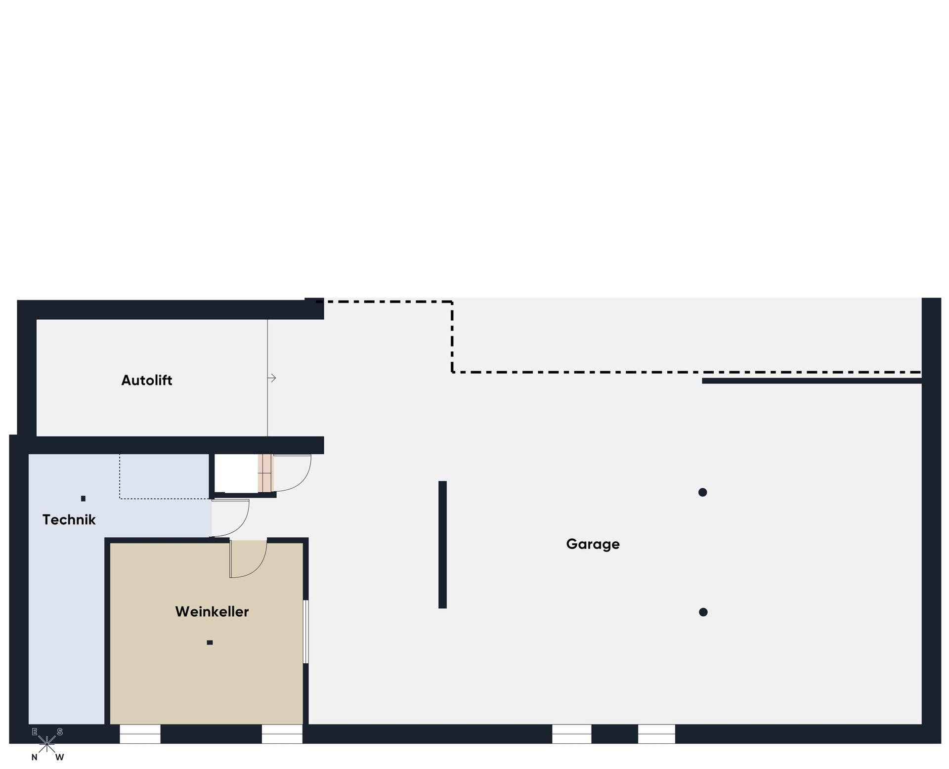 Grundriss des Untergeschosses mit Autolift, Technikraum, Garage und Weinkeller.