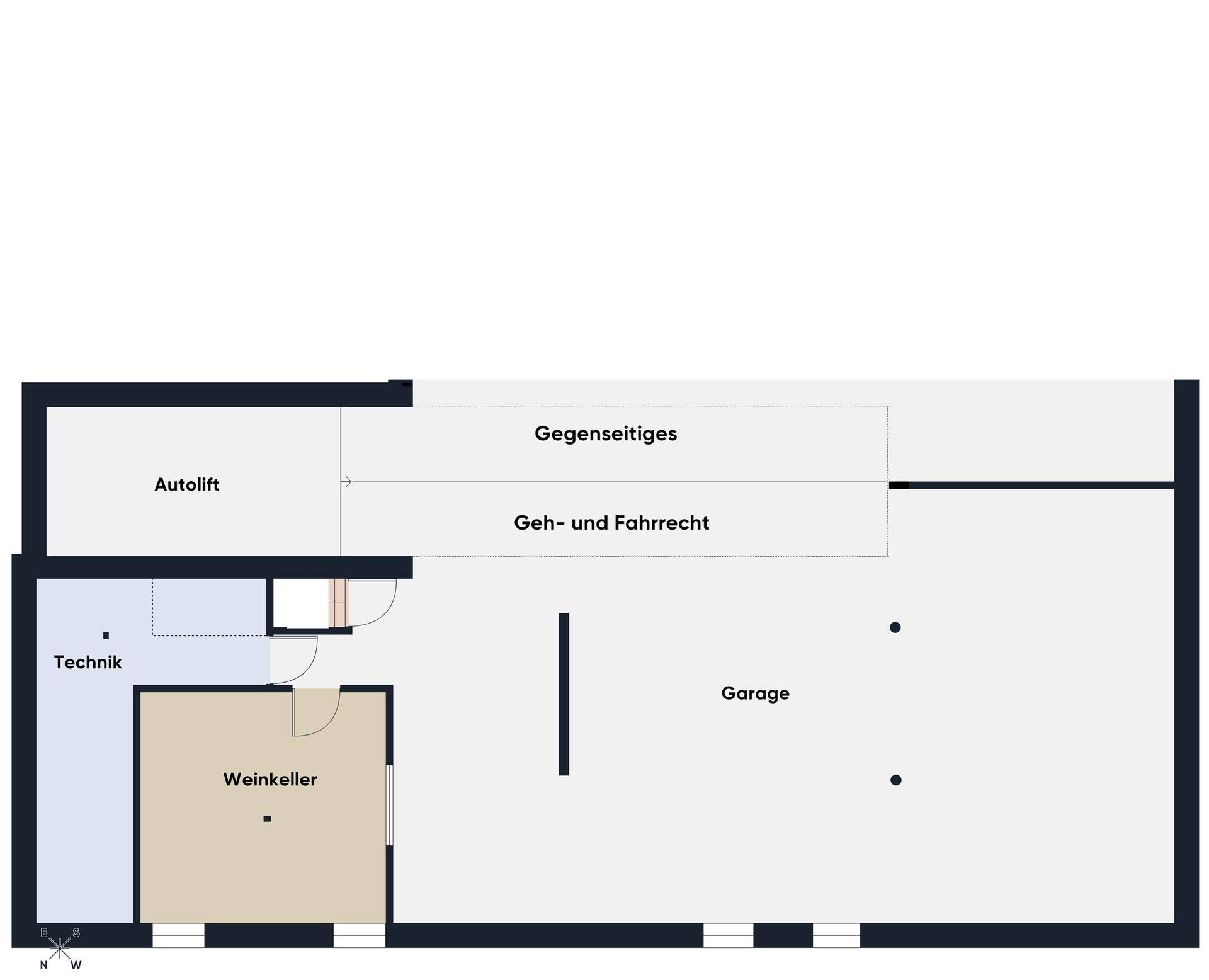 Grundriss des Untergeschosses mit Autolift, Technikraum, Garage und Weinkeller.