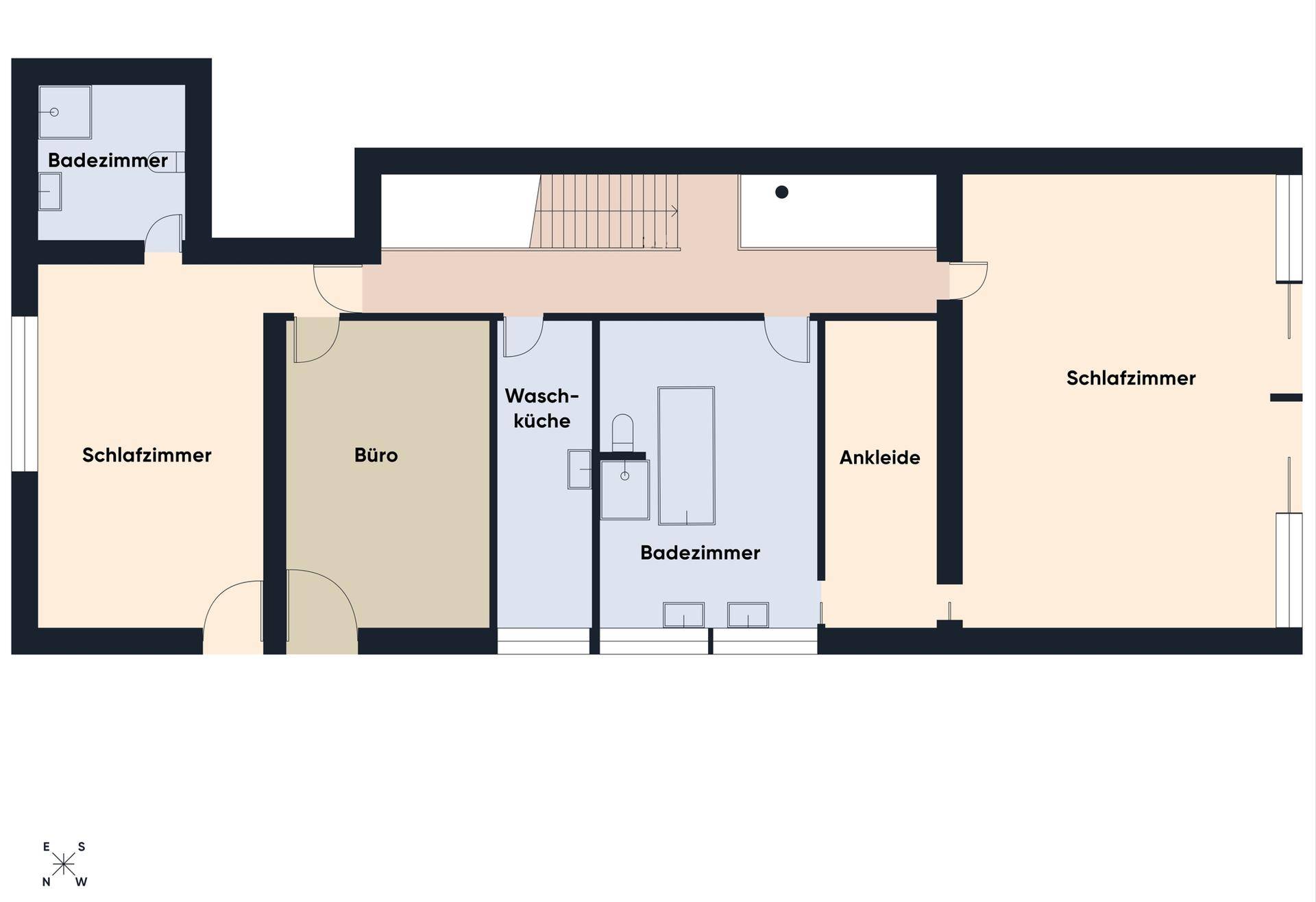 Grundriss des Obergeschosses mit Schlafzimmern, Büro, Badezimmern und Ankleide.