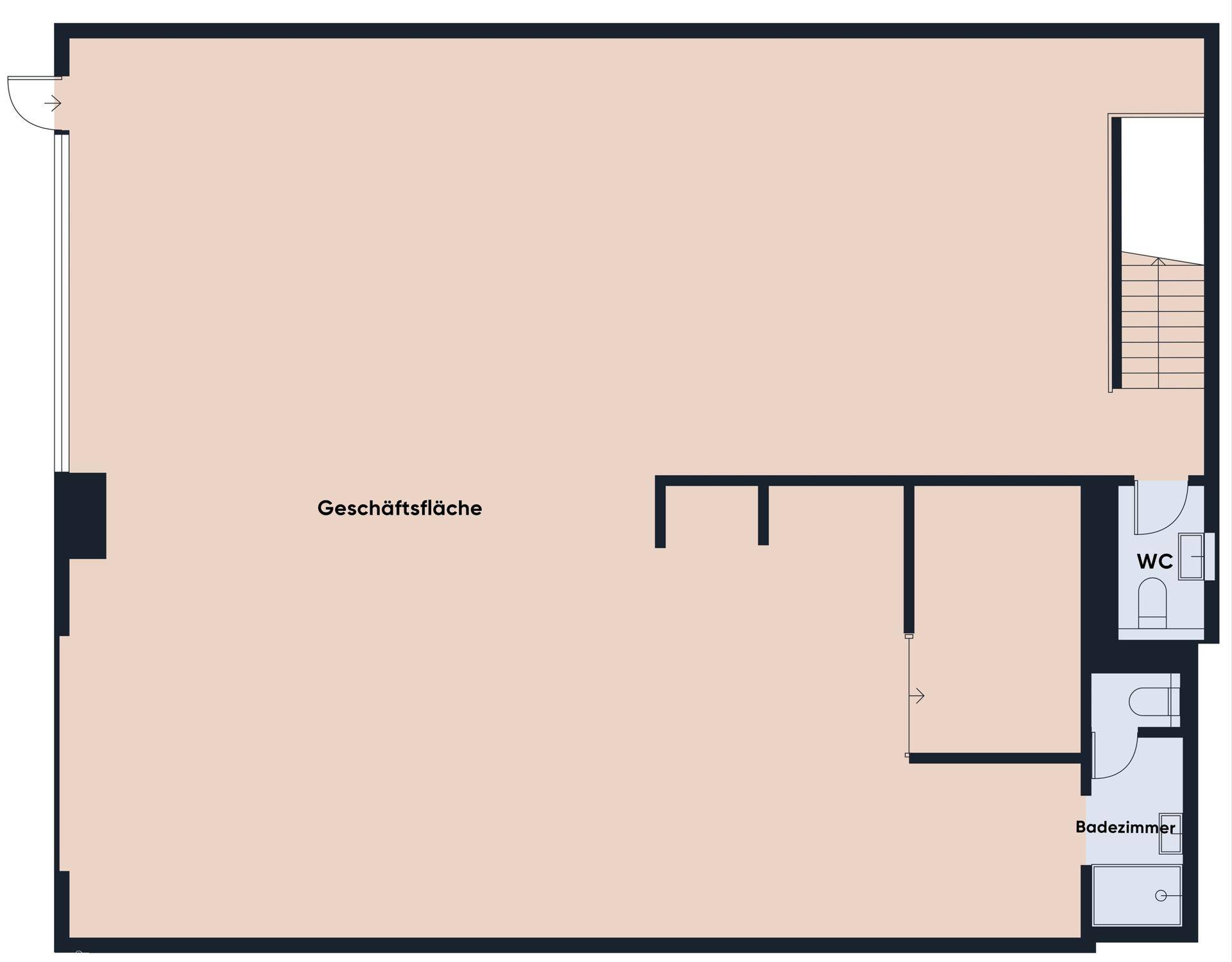 Grundriss der Geschäftsfläche mit WC und Badezimmer.