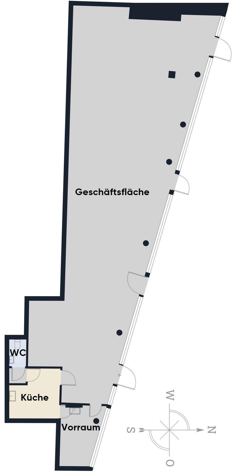Grundriss der Geschäftsfläche mit separater Küche und WC-Bereich, zeigt die funktionale Raumaufteilung.