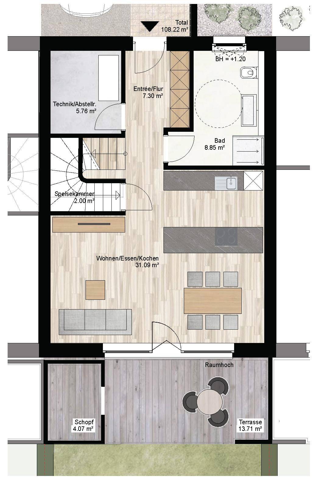 Detaillierter Grundriss des Erdgeschosses mit offenem Wohnbereich, Küche, Terrasse und Garten.