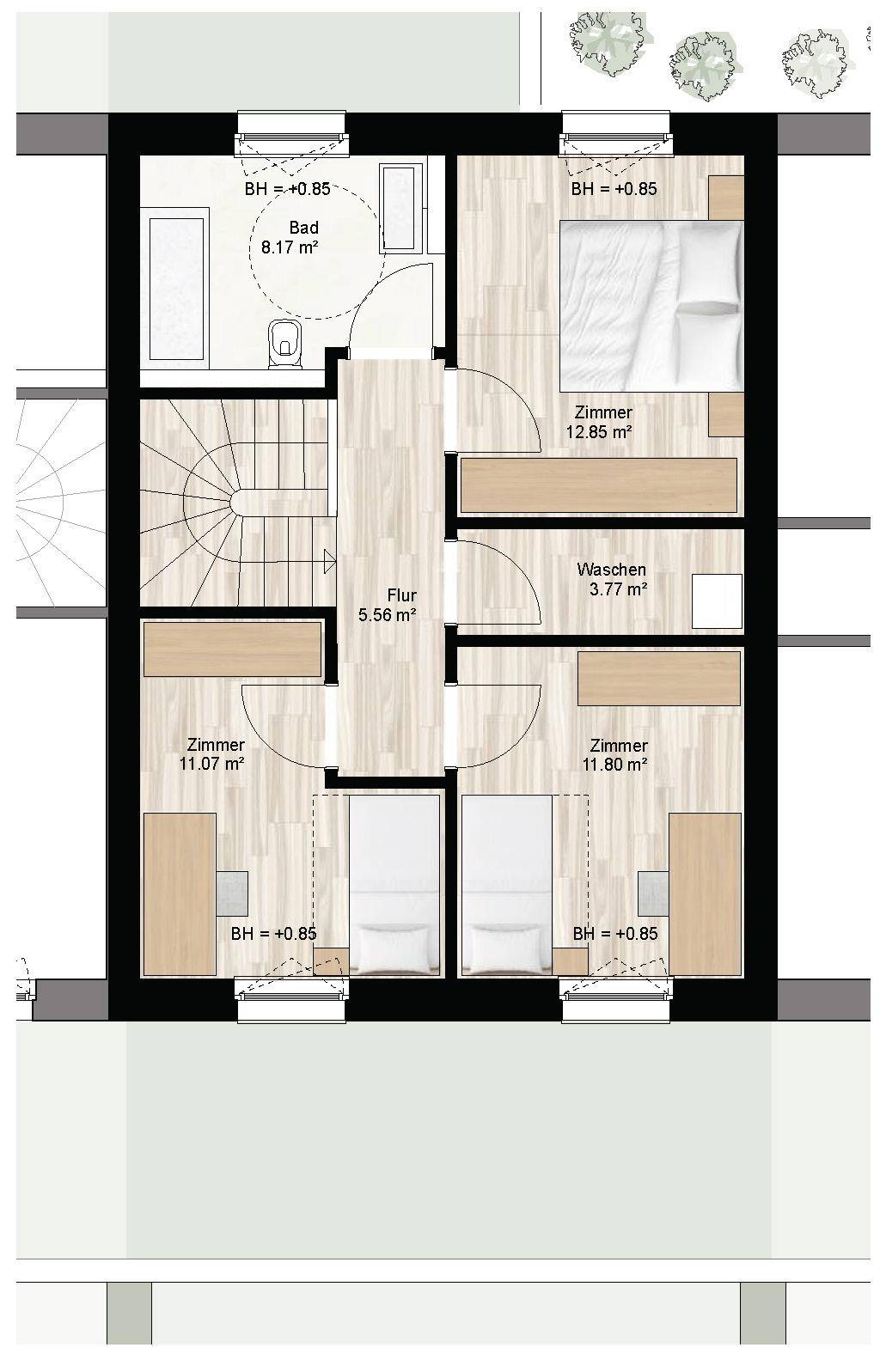 Detaillierter Grundriss des Obergeschosses mit drei Schlafzimmern, einem Badezimmer und Waschraum.