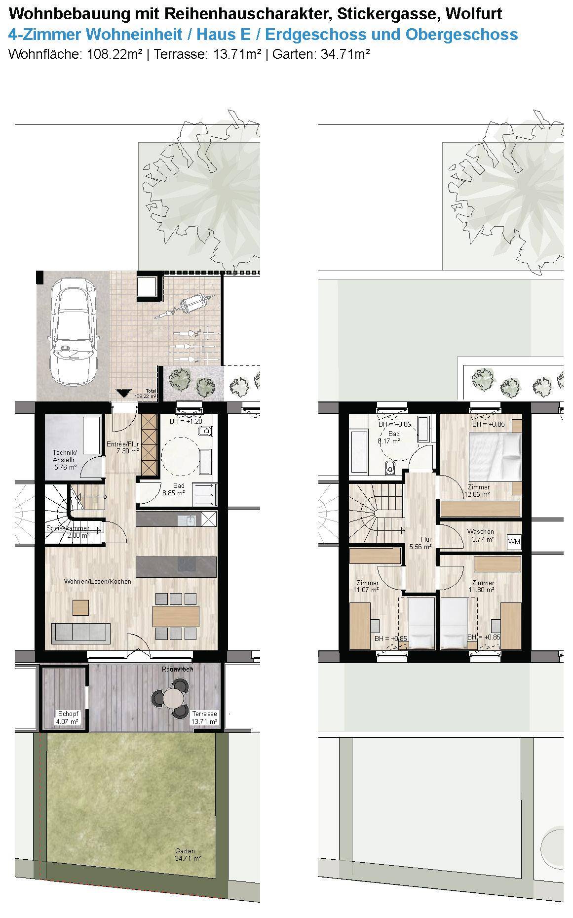 Grundriss einer 4-Zimmer-Wohneinheit über zwei Etagen mit Terrasse, Garten und Carport.