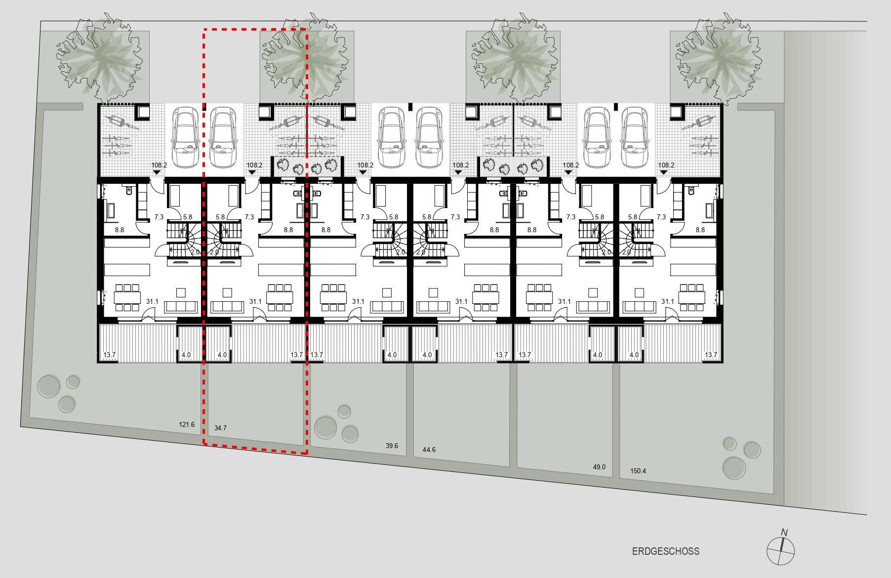 Übersichtsplan des Erdgeschosses der Reihenhäuser mit individuellen Terrassen, Gärten und Carports.