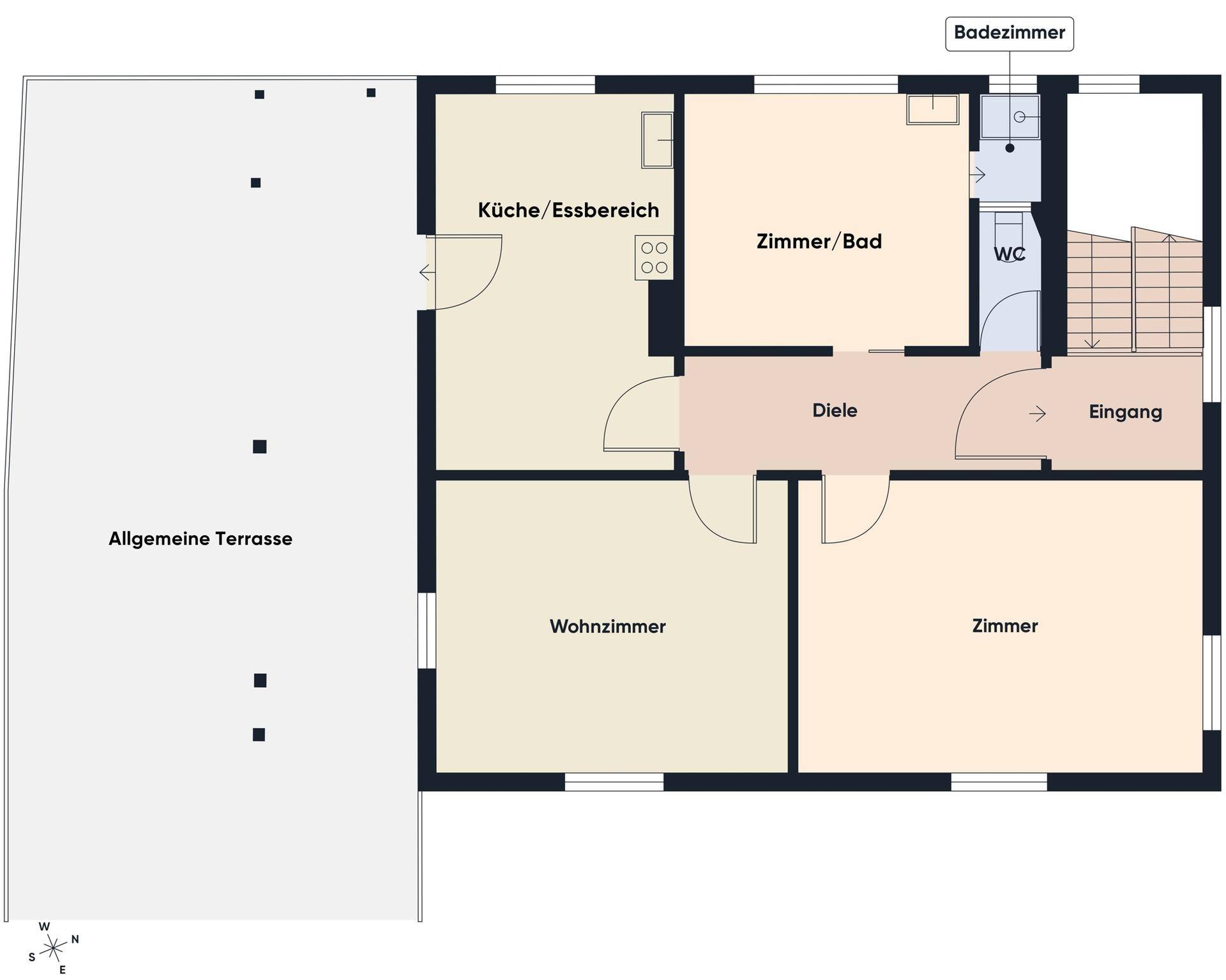 Grundriss zeigt die Aufteilung mit Küche/Essbereich, Wohnzimmer und einer großen Terrasse.