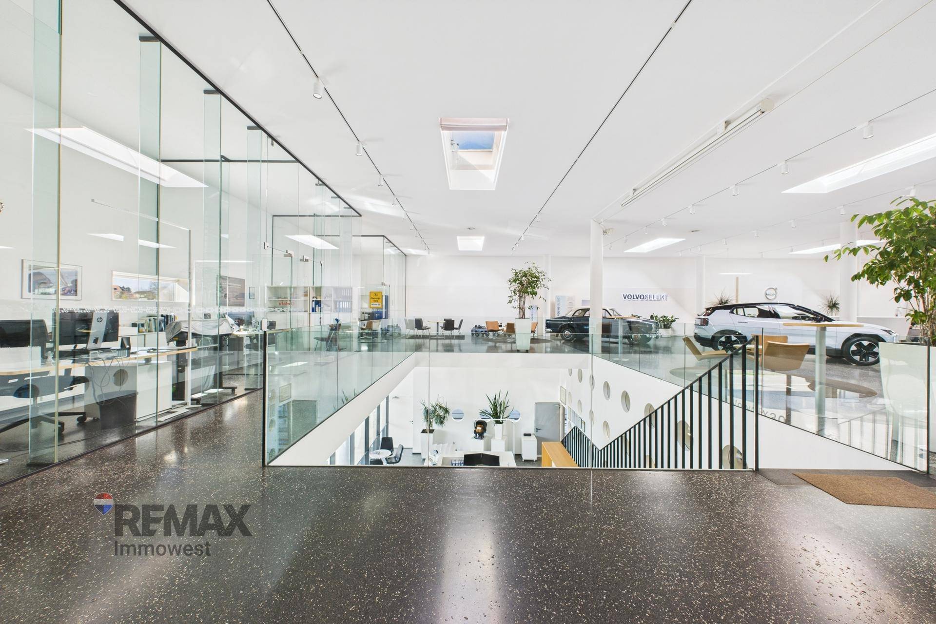 Heller Bürobereich im Obergeschoss mit Glaswänden, modernen Arbeitsplätzen und Blick auf den Showroom.