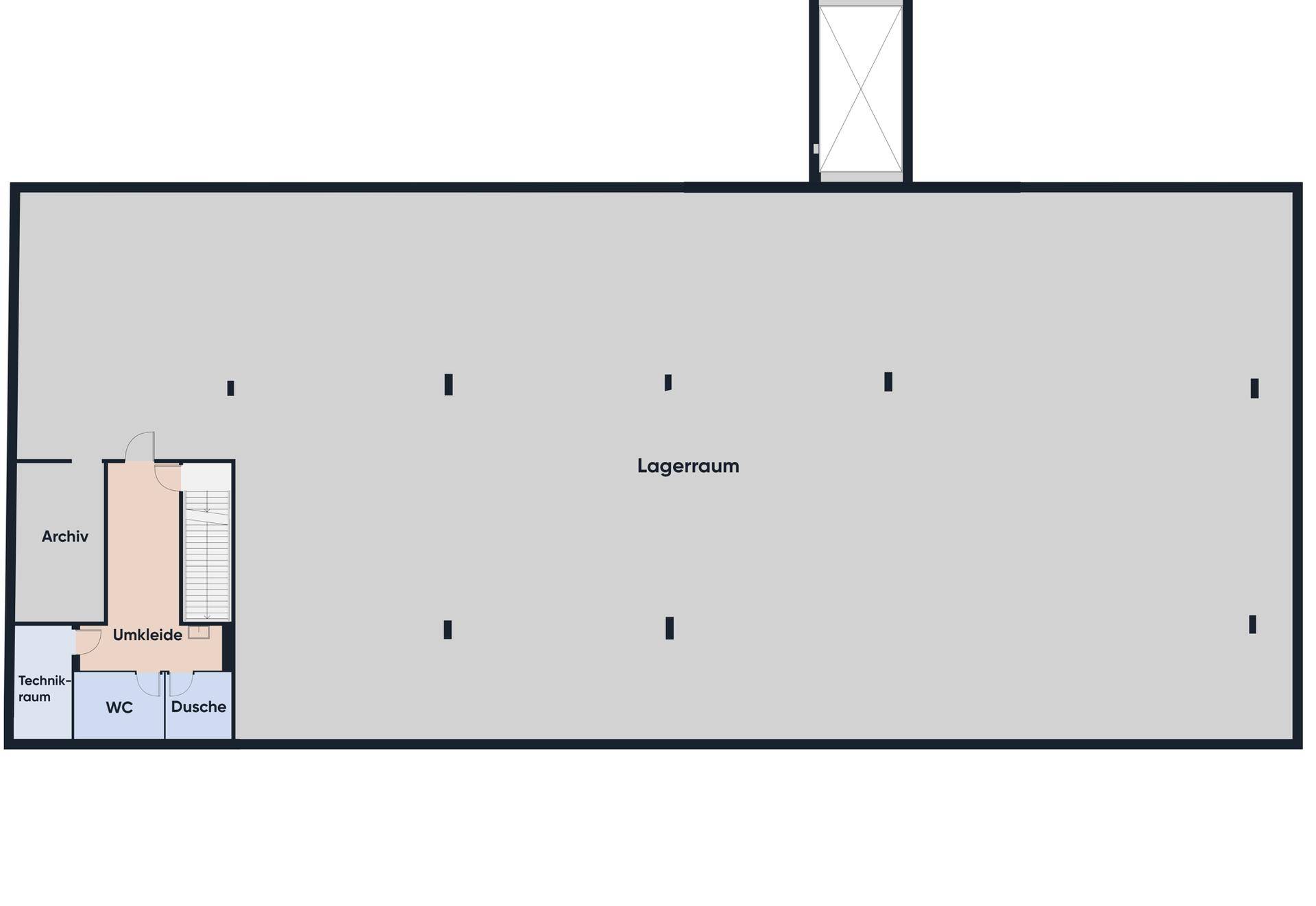 Grundriss des Lagerraums mit Archiv, Umkleide, WC, Dusche und Technikraum.