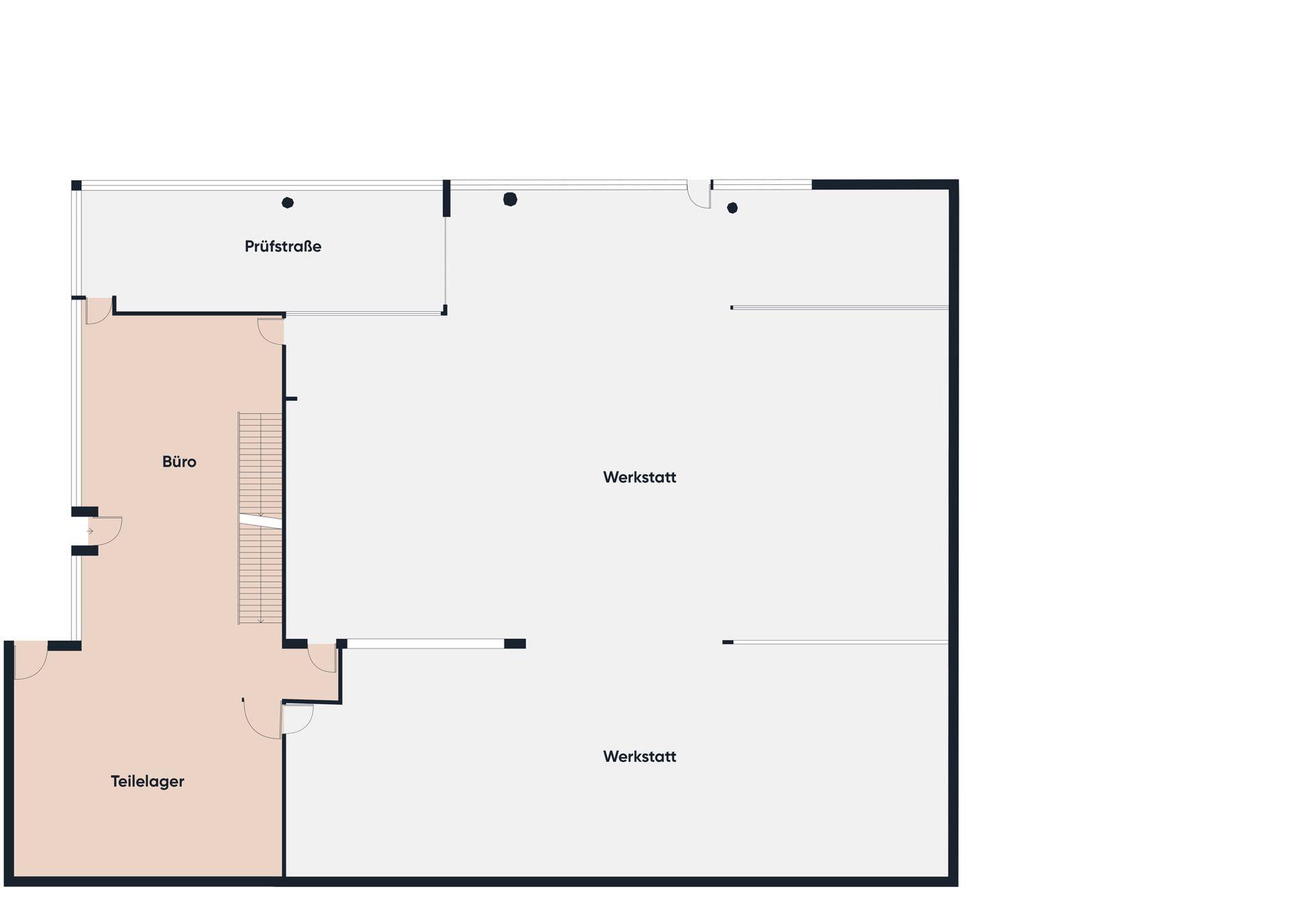 Grundriss der Werkstatt mit Büro, Prüfstraße und Teillagerbereich.