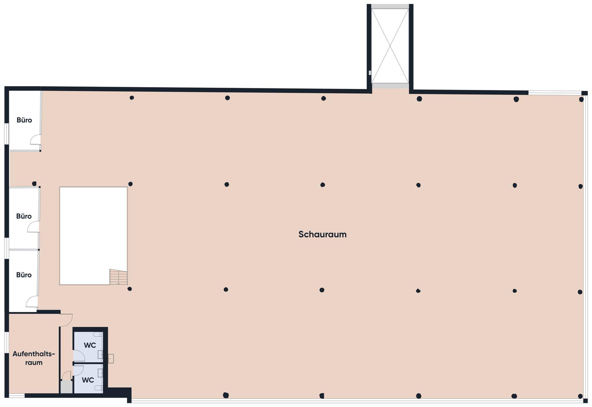 Grundriss des Showrooms mit Büros, Aufenthaltsraum und zwei WCs.