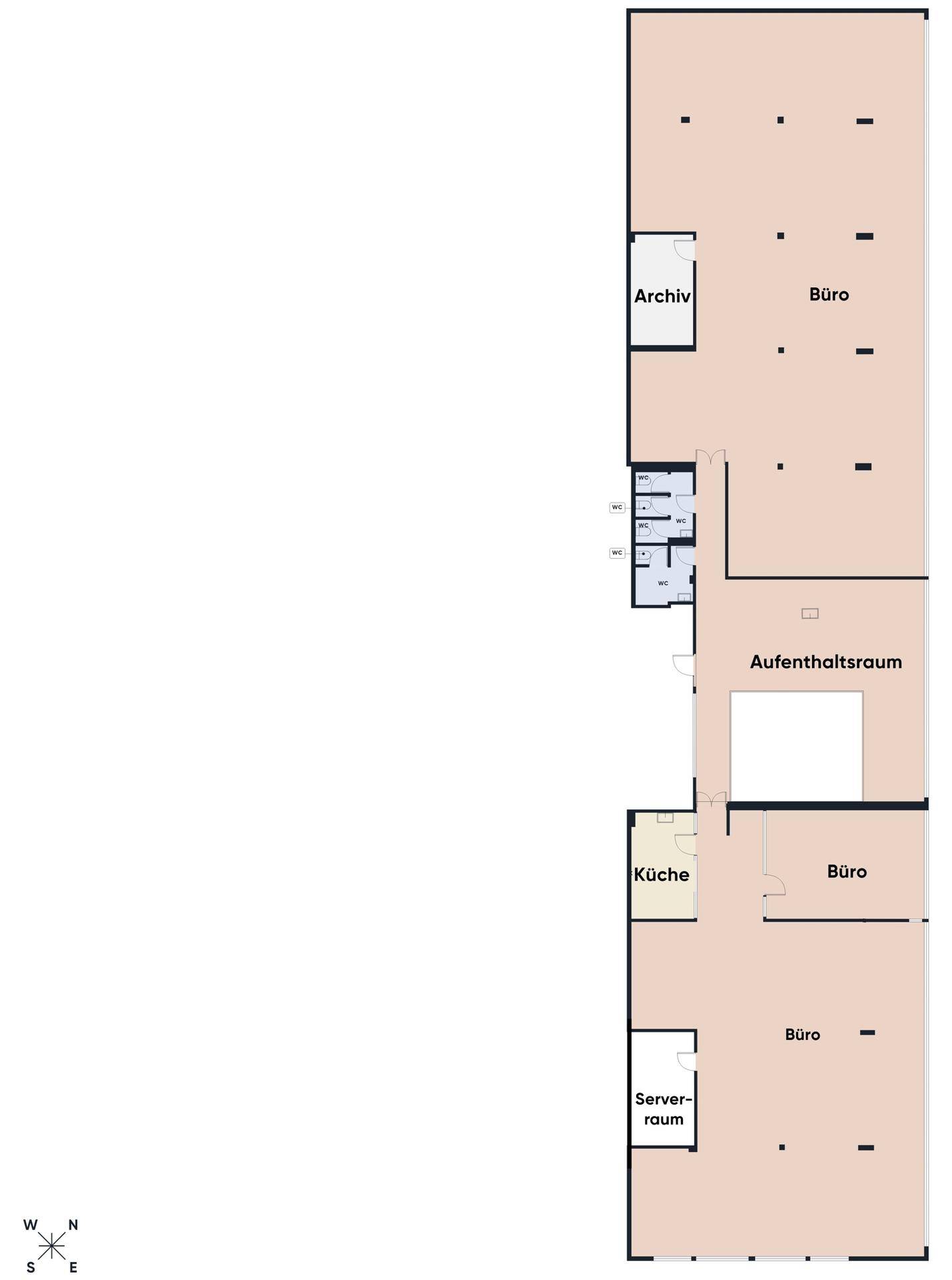 Grundrissplan eines Bürogeschosses mit verschiedenen Räumen wie Archiv, Büros und Küche.