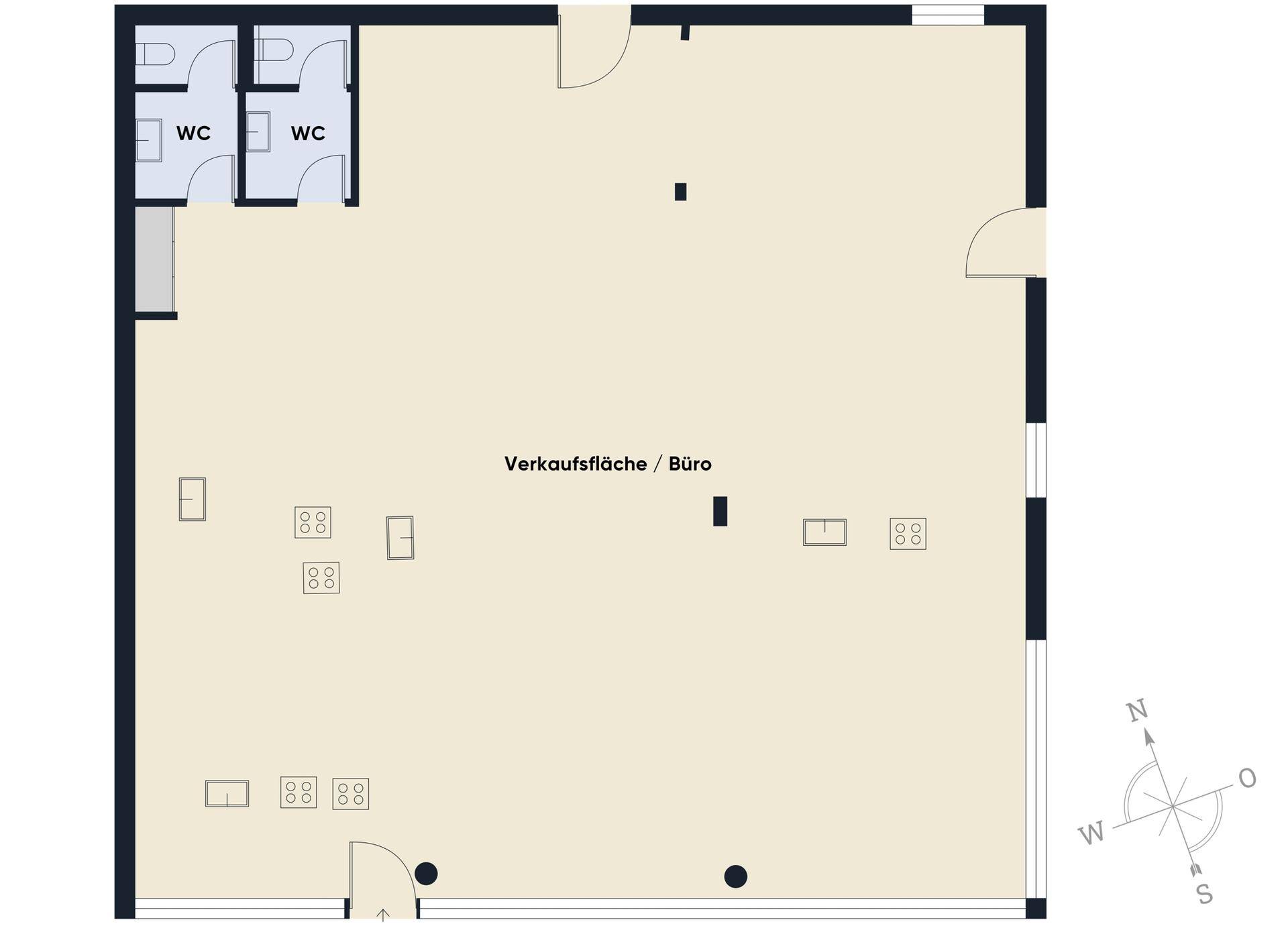 Grundriss der Verkaufsfläche oder des Büros mit zwei Toilettenbereichen und offenem Layout.