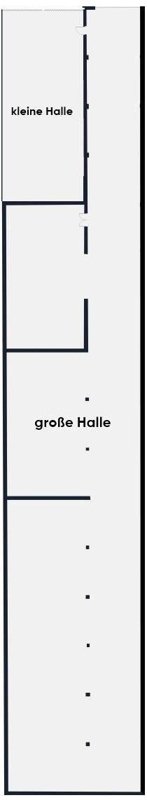 Einfacher Grundriss, der eine kleine und eine große Halle innerhalb des Gebäudes darstellt.