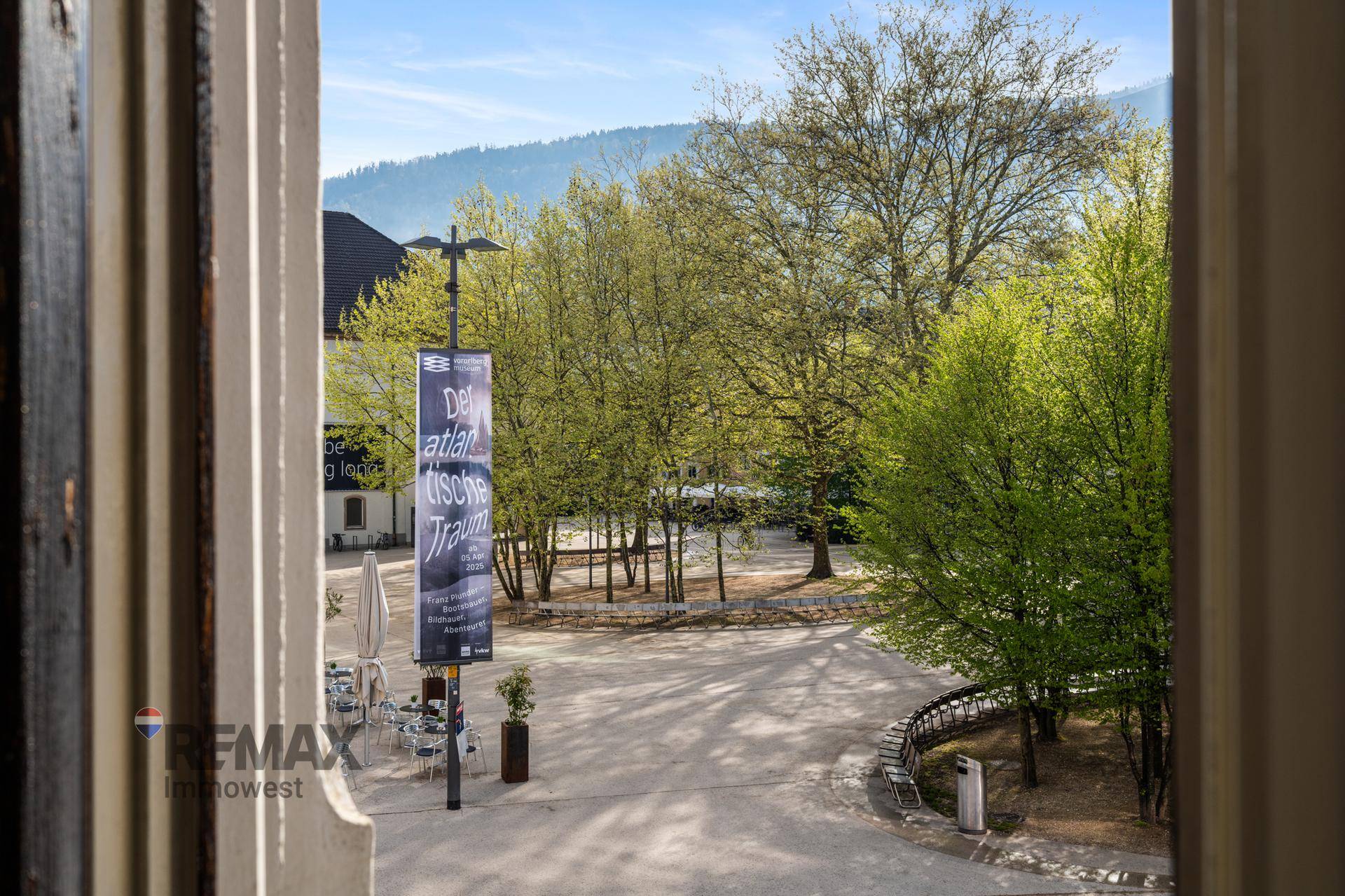 Blick aus einem Fenster auf einen grünen Park mit Bäumen und einem sonnigen Außenbereich.