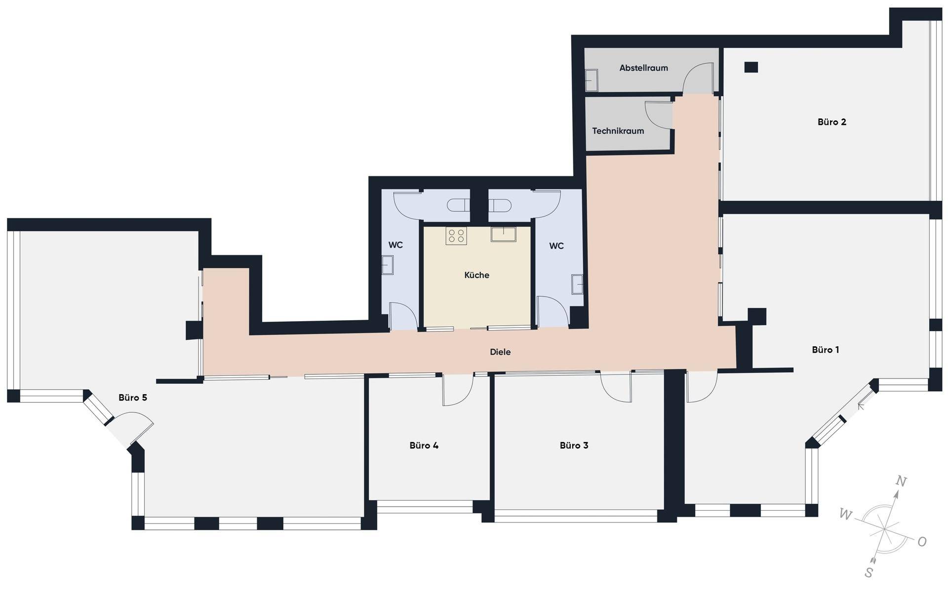 Grundriss des Bürogebäudes mit mehreren Büroräumen, Küche und Toiletten.