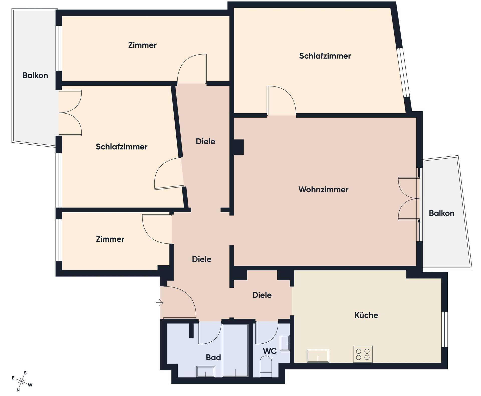 Grundriss der Wohnung mit mehreren Zimmern, Küche, Bad und zwei Balkonen.