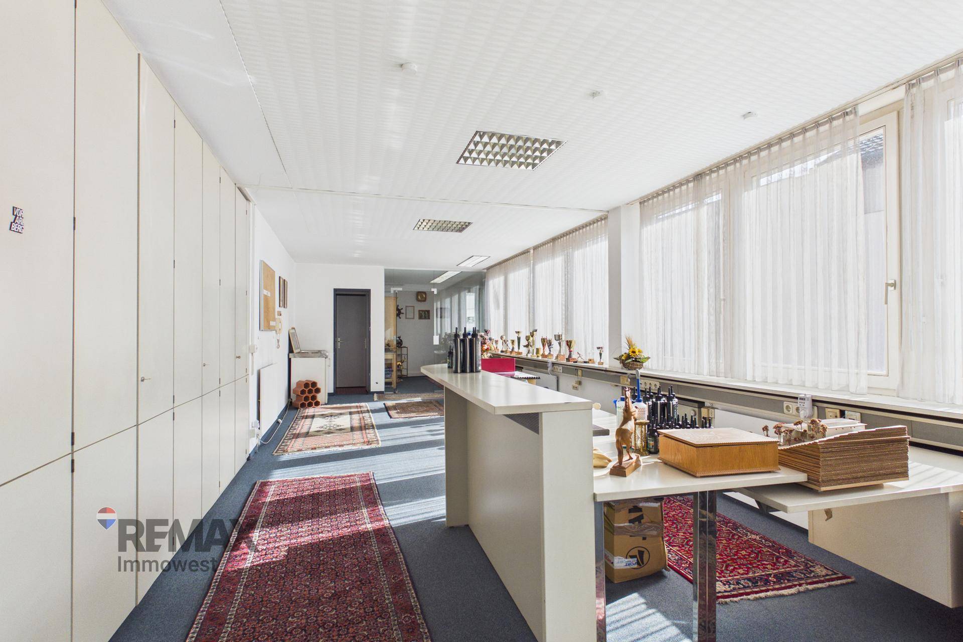 Langes Büro mit weißen Einbauschränken, blauer Teppichboden und viel Tageslicht durch die Fenster.
