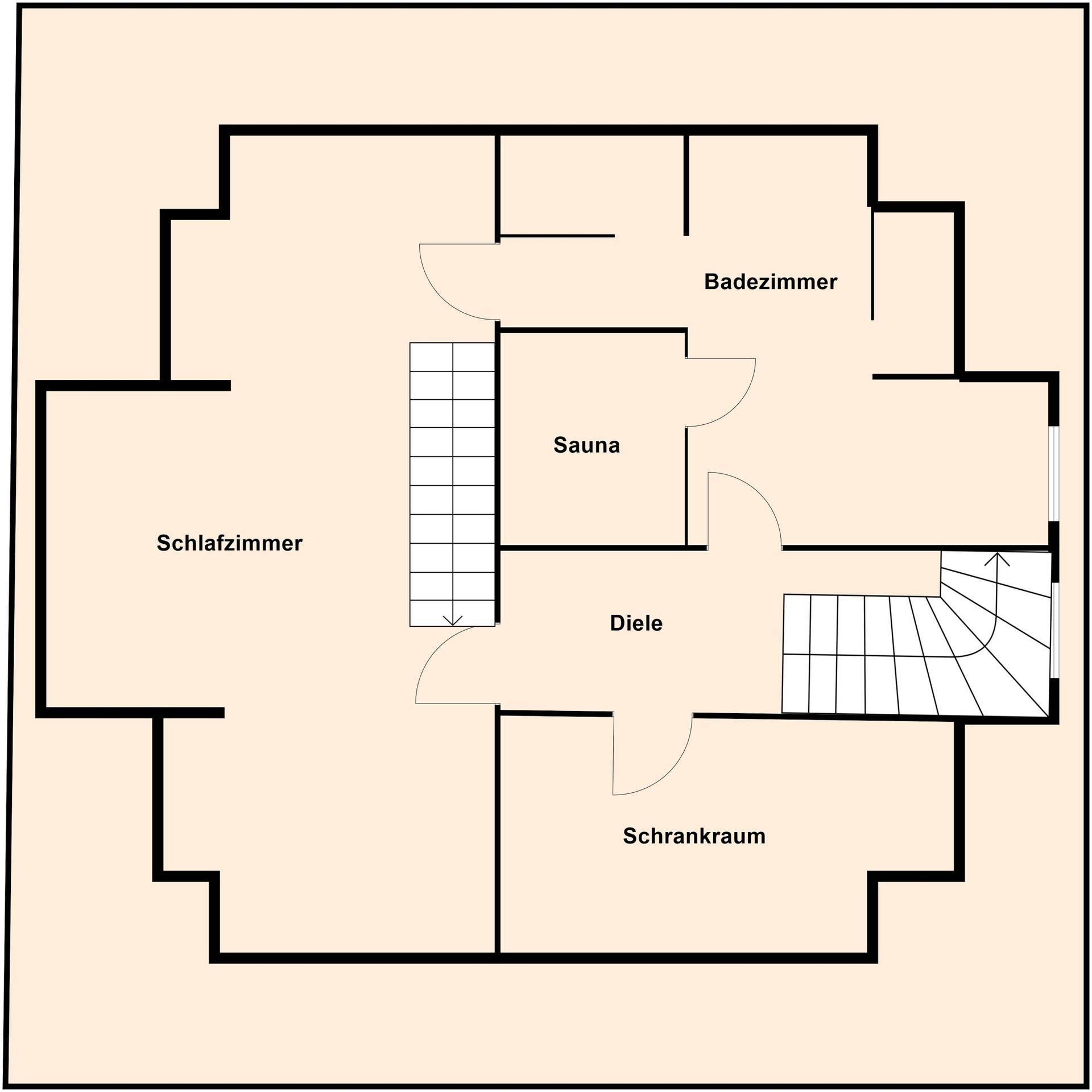 Grundriss des Dachgeschosses mit Schlafzimmer, Badezimmer, Sauna und Schrankraum.