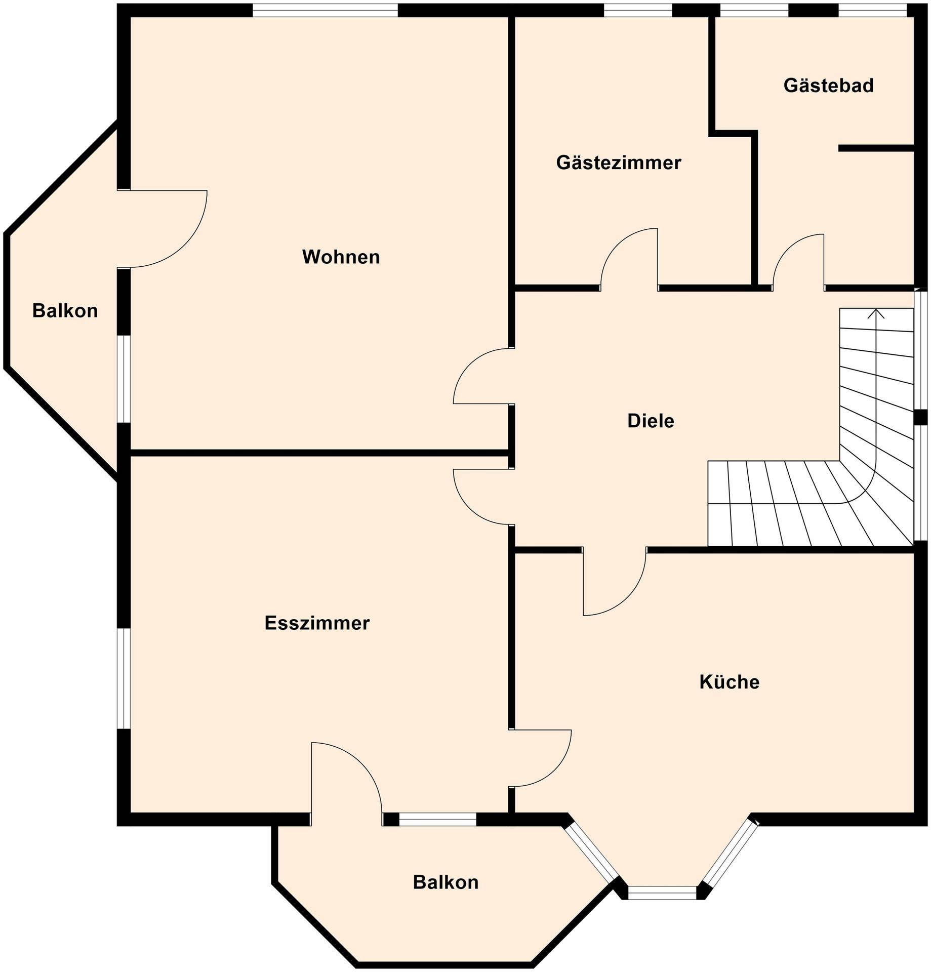 Grundriss des Obergeschosses mit Wohnzimmer, Esszimmer, Küche, Diele und Balkonen.