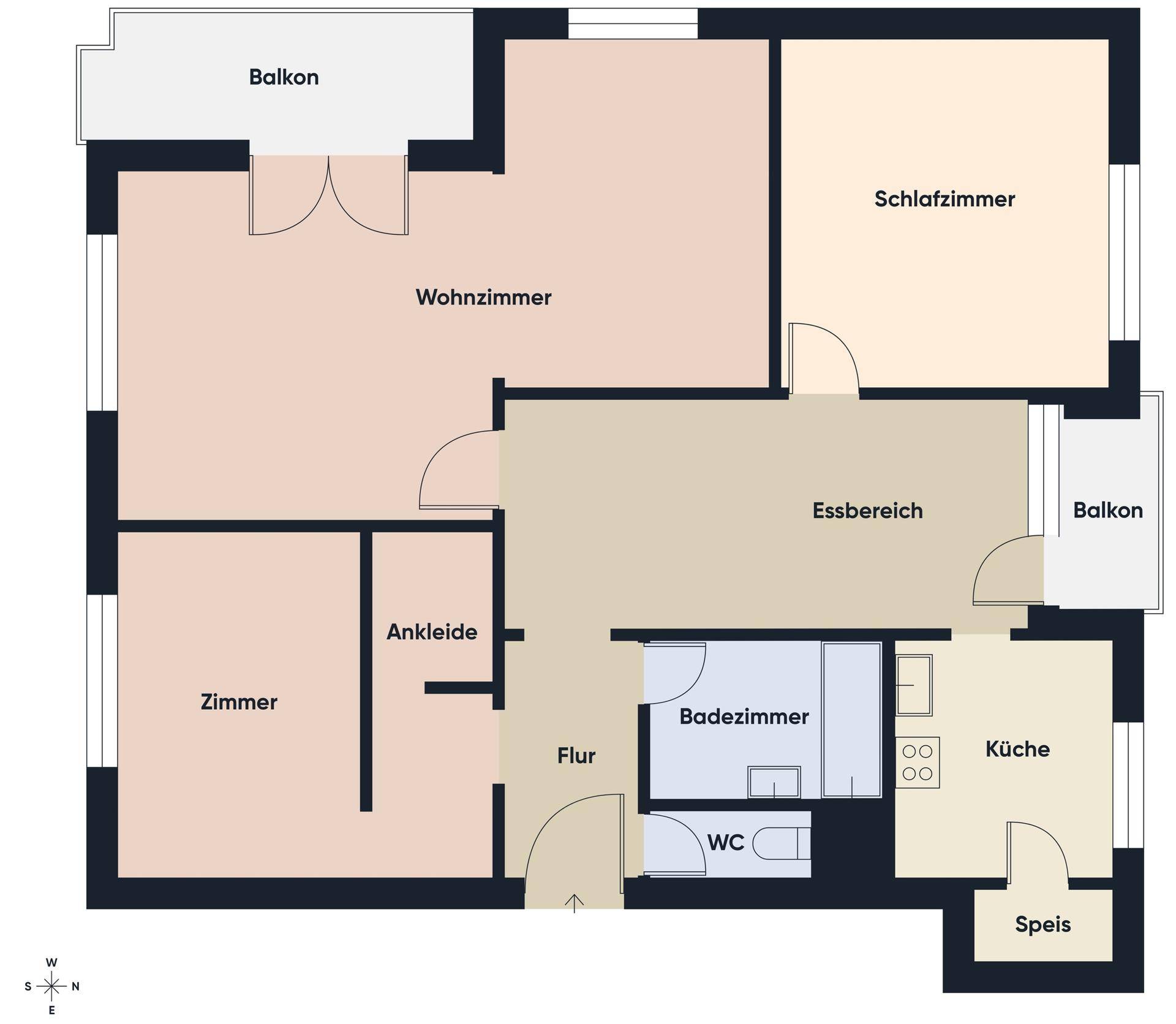Detaillierter Grundriss der Wohnung mit Wohnzimmer, Schlafzimmern und Balkonen.