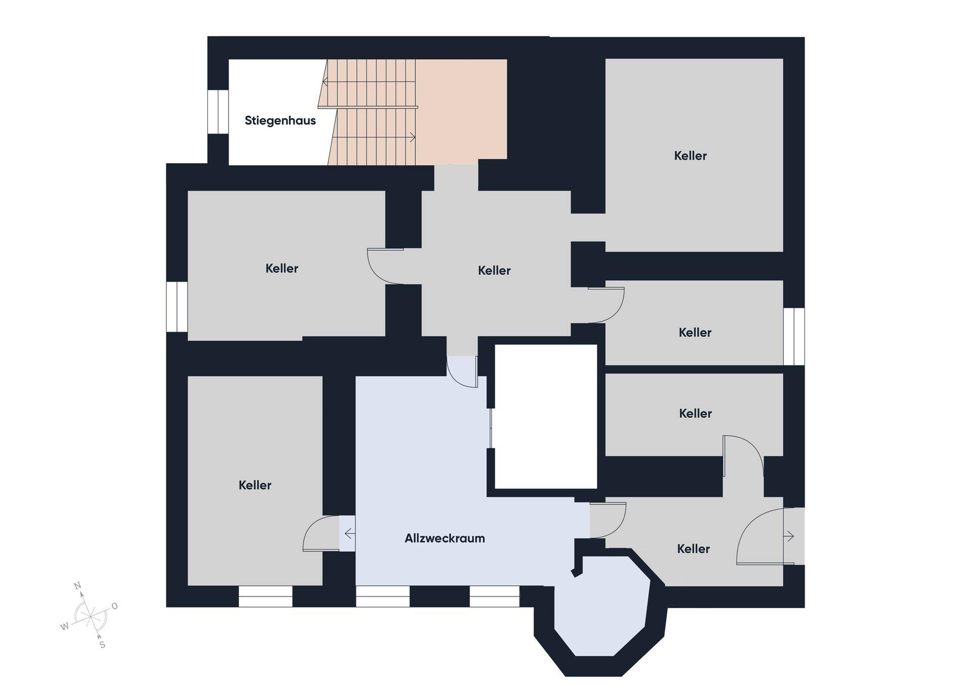 Grundriss des Kellergeschosses mit mehreren Kellerräumen, Treppenhaus und Allzweckraum.