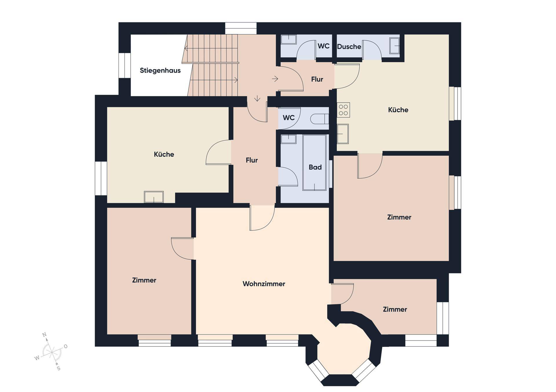 Grundriss des Obergeschosses mit Wohnzimmer, Küche, Bädern inklusive Dusche und weiteren Zimmern.