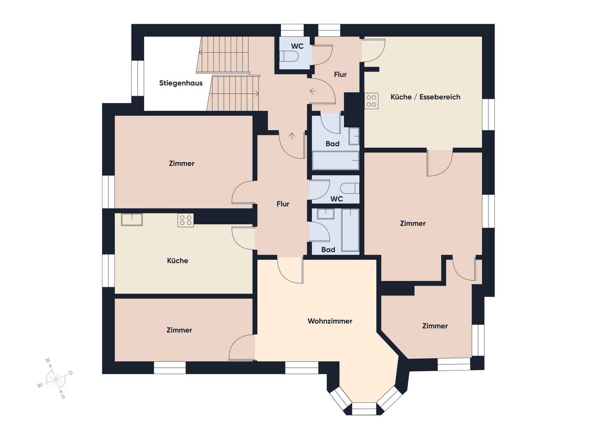 Grundriss eines weiteren Obergeschosses mit Wohnzimmer, Küche, Essbereich und mehreren Zimmern.