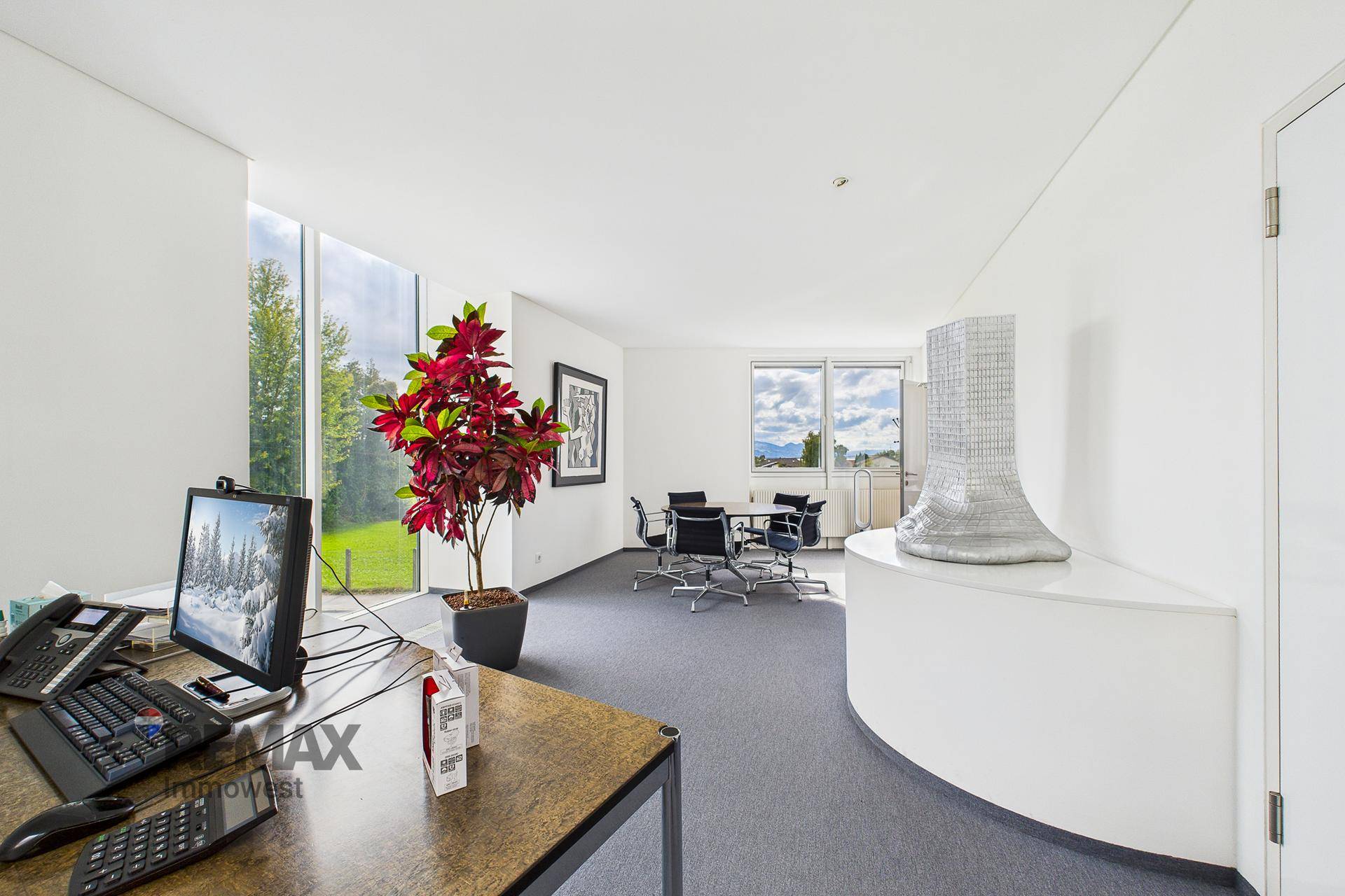 Helles Büro mit Teppichboden und großen Fenstern, die viel Tageslicht und eine grüne Aussicht bieten.