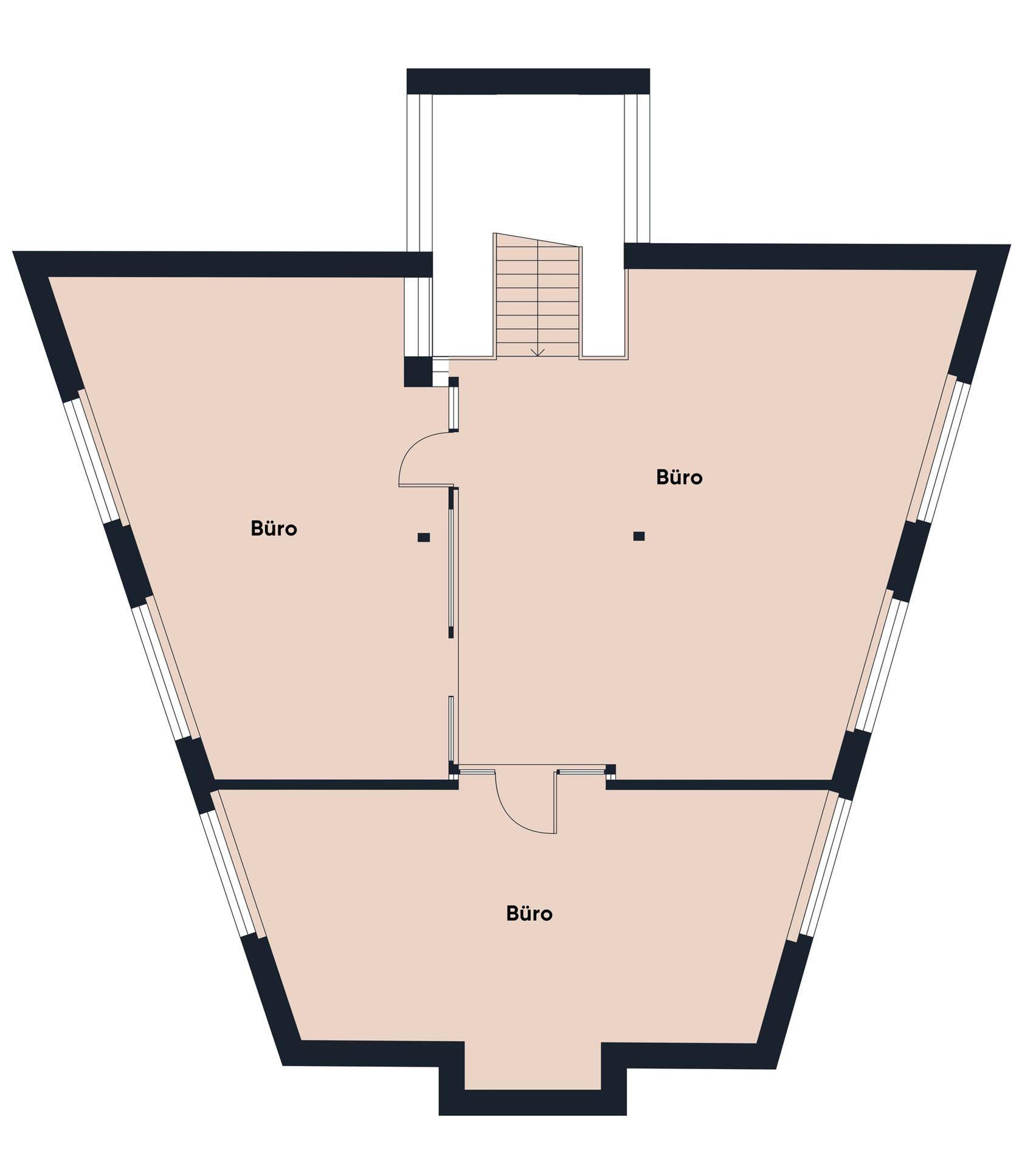 Grundriss des zweiten Obergeschosses mit Treppenhaus und drei geräumigen Büroräumen.